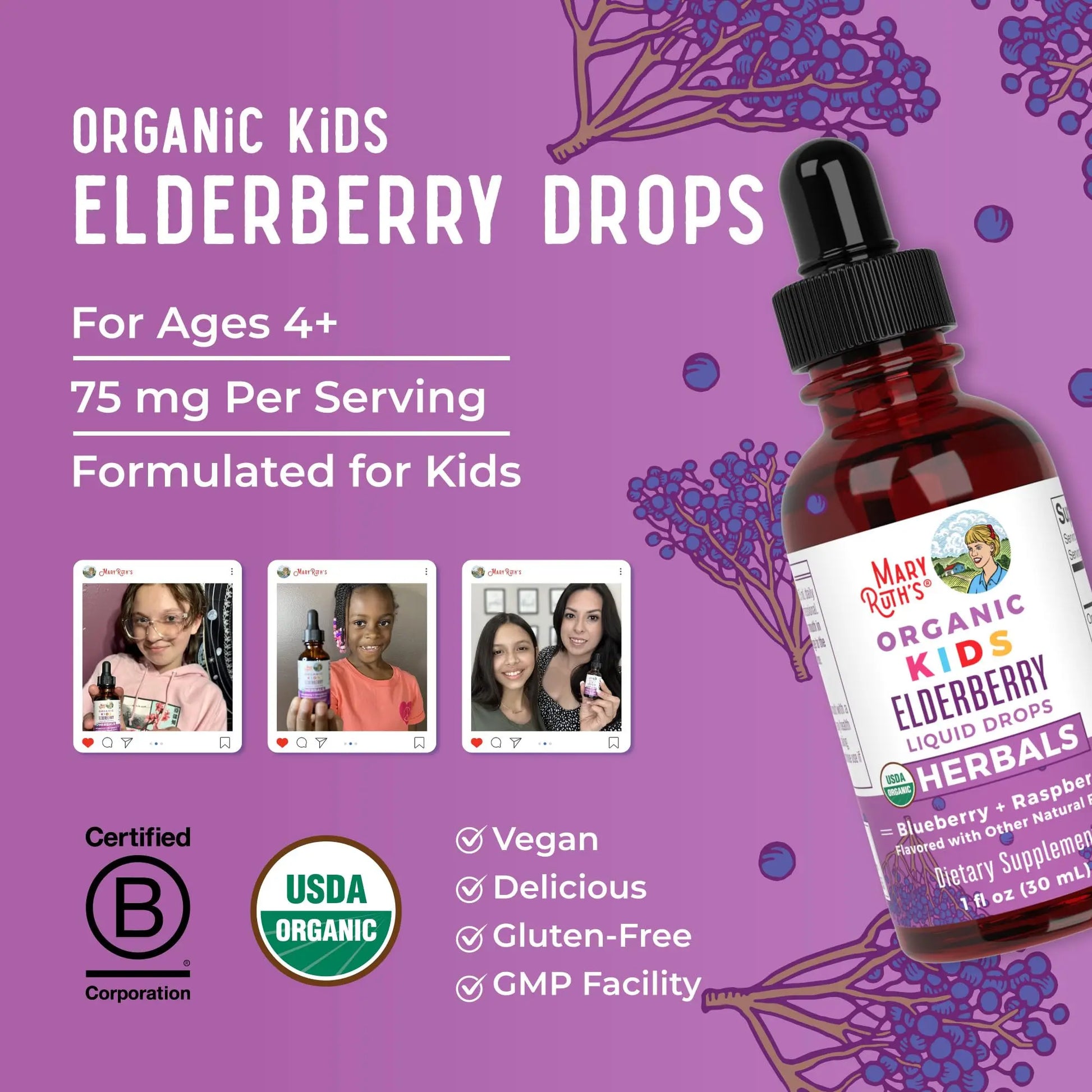 MaryRuth Organics USDA Organic Elderberry Liquid Drops for Kids | Vegan Elderberry Extract Organic Glycerin | Immune Support Supplement | Overall Health | Formulated for Ages 4-13 | 1oz MARYRUTH'S Au supplements