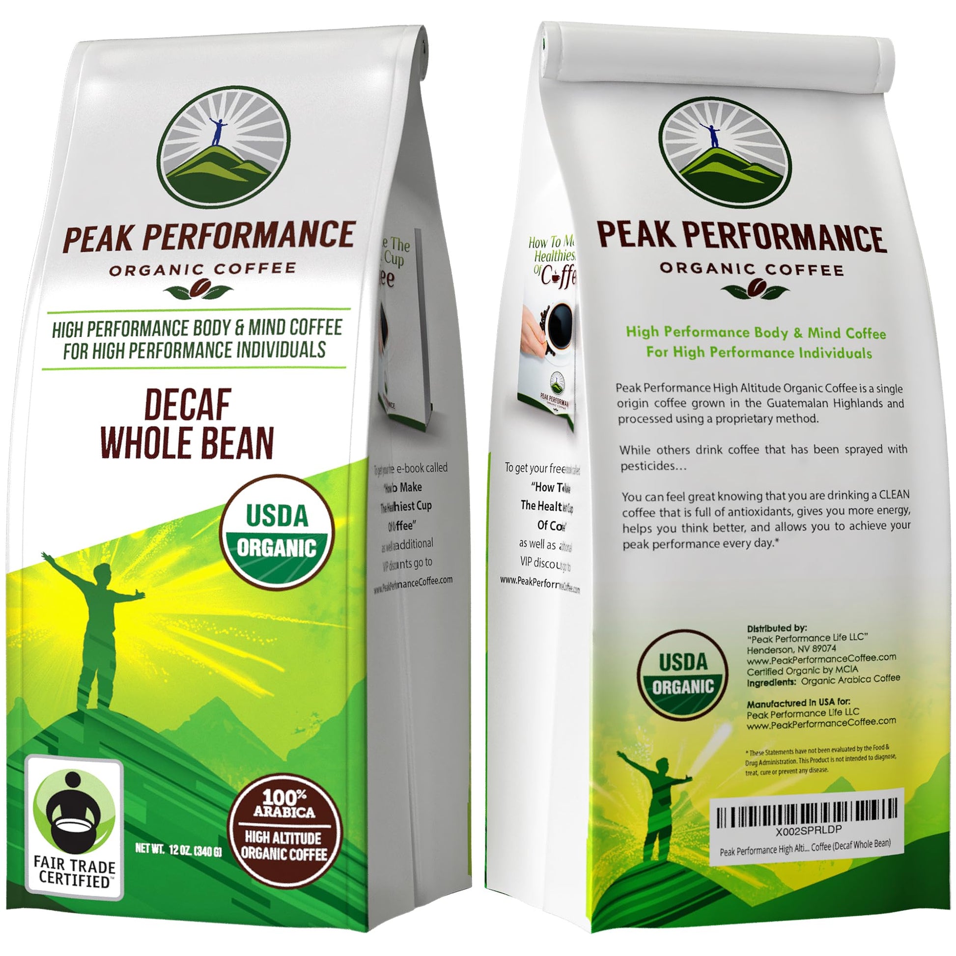 Peak Performance High Altitude Organic Decaf Coffee - Fair Trade, Low Acid, Non GMO, Beans Full of Antioxidants - Medium Roast Smooth Tasting USDA Certified Organic Decaffeinated Whole Bean 12 oz Peak Performance Au supplements