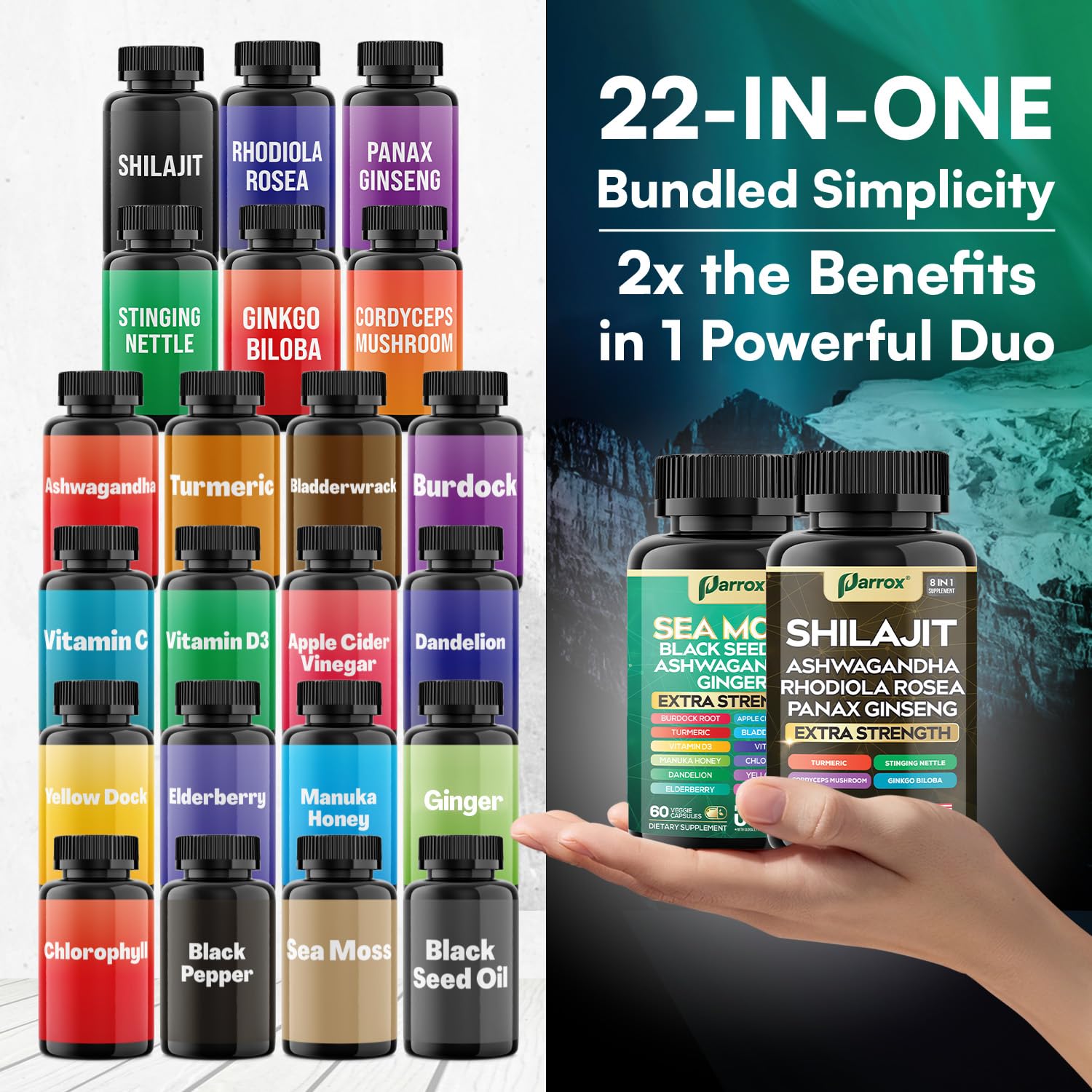 Parrox Shilajit and Sea Moss Bundle, Sea Moss 350mg, Black Seed Oil 200mg, Ashwagandha 100mg, Turmeric, Shilajit 300mg, Rhodiola Rosea 100mg, Panax Ginseng 50mg, Dynamic Vitality Bundle (2 Pack) Parrox Au supplements