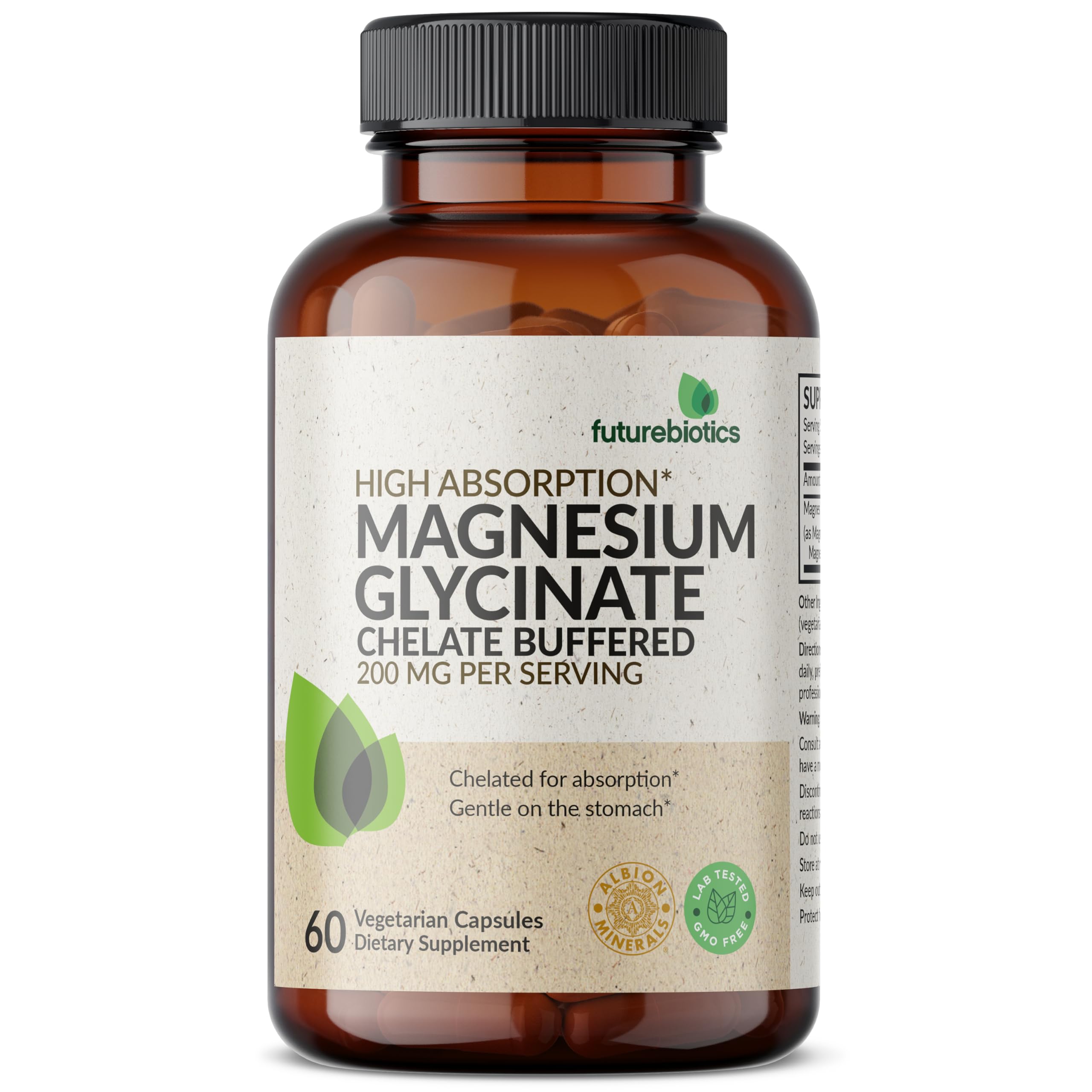 Futurebiotics Magnesium Glycinate 200 MG per Serving Chelated for High Absorption, Gentle On Stomach, Non-GMO, 60 Vegetarian Capsules