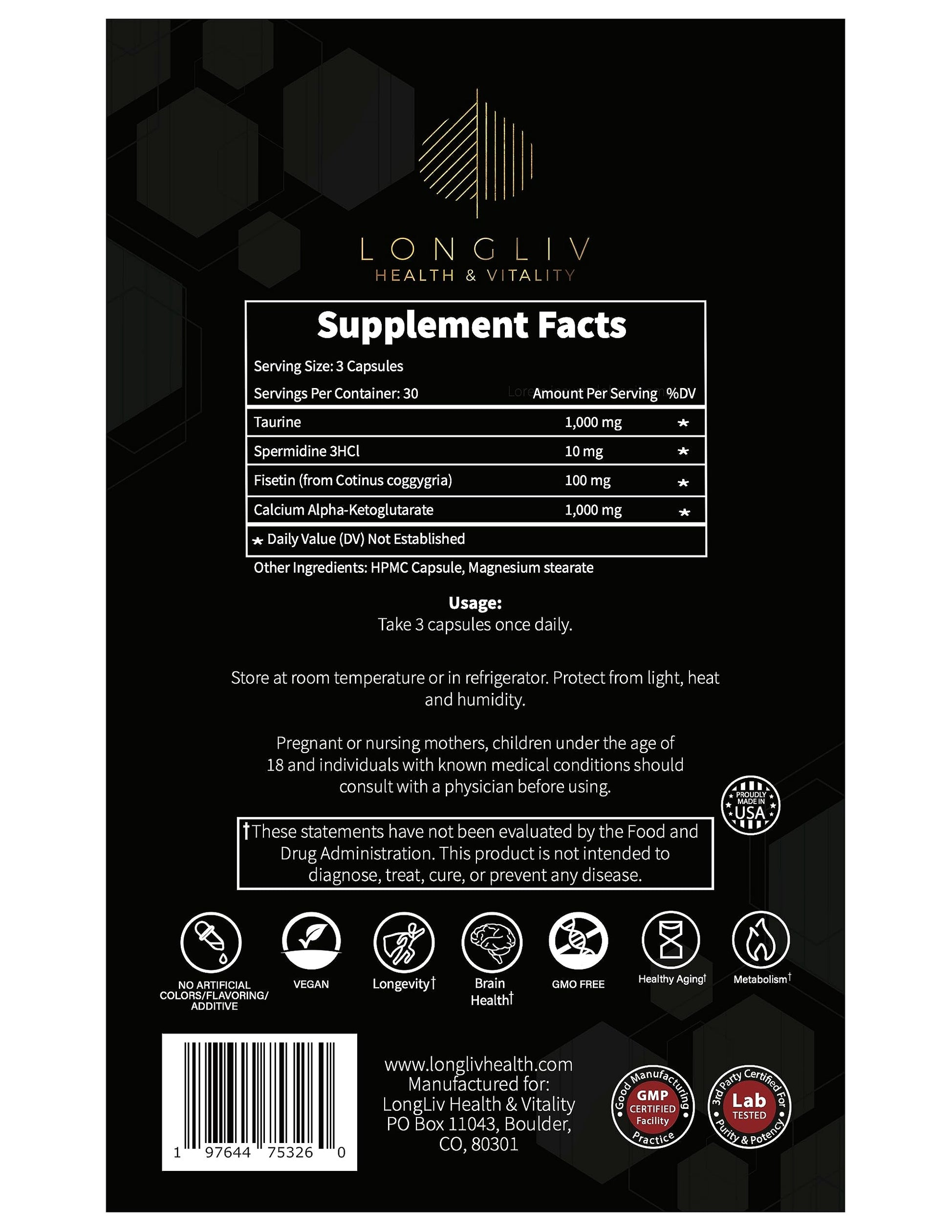 Longevity4Life - Ultimate Cellular Health Supplement - Fisetin, Taurine, Calcium Alpha-Ketoglutarate, and Spermidine Capsules for Longevity and Vitality - Made in USA - Physician Formulated LongLiv Health and Vitality Au supplements