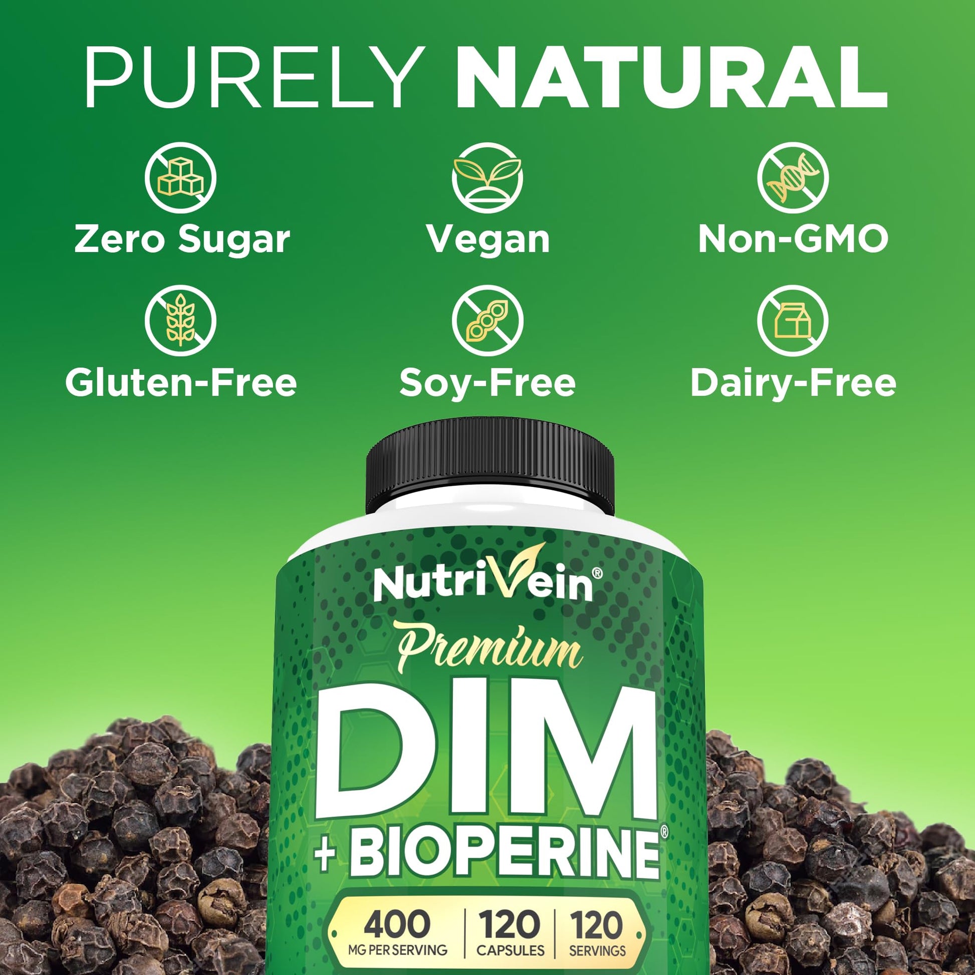 Nutrivein Premium DIM Supplement 400 mg Daily - 120 Servings (120 Capsules): Diindolylmethane for Women and Men - Plus Bioperine - Estrogen Supplement - Menopause and Middle Age Support Nutrivein Au supplements