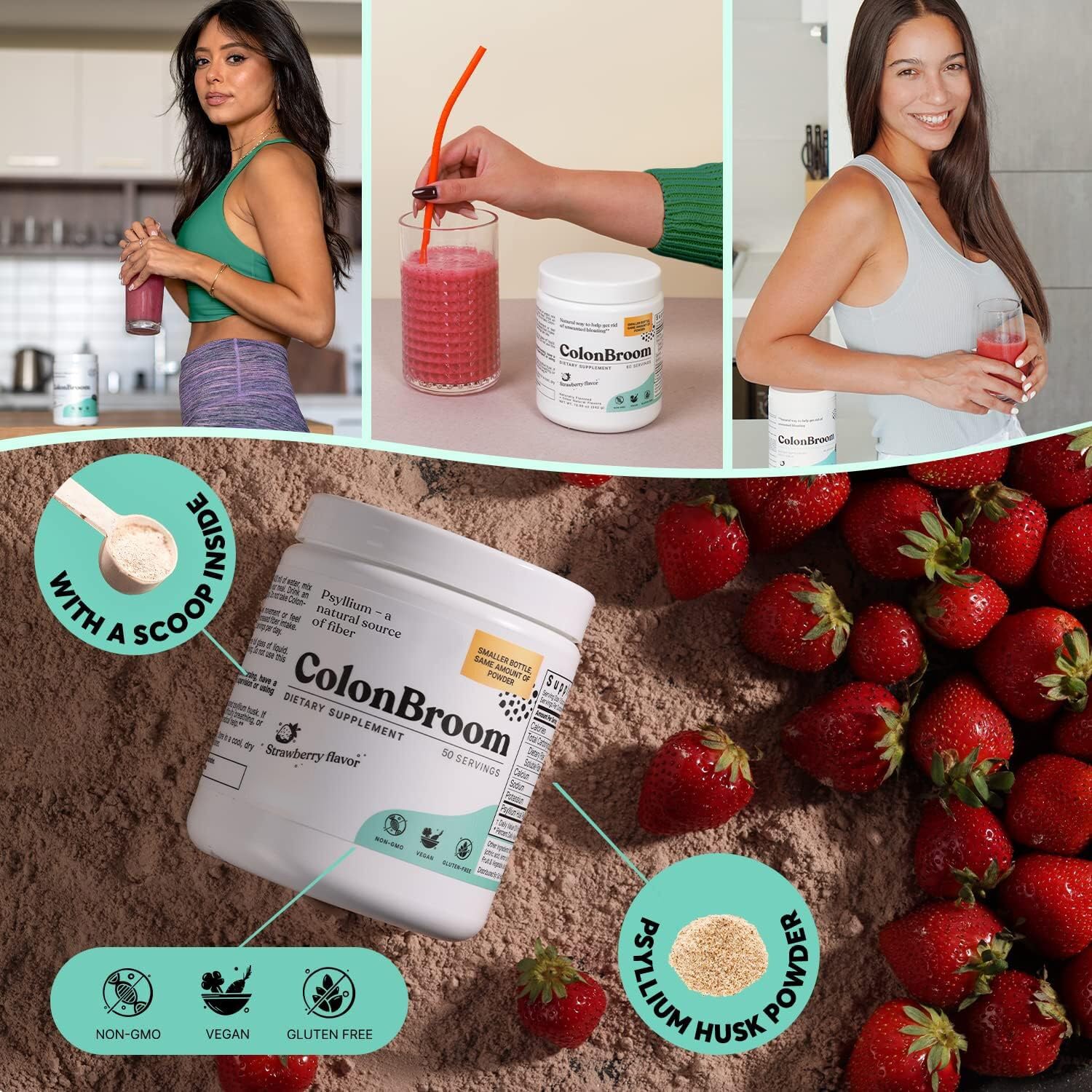 ColonBroom Psyllium Husk Powder (Strawberry) - Colon Cleanse for Bloating Relief & Gut Health - Colon Broom Fiber Powder Drink - Vegan, Gluten Free, Non-GMO Fiber Powder Supplement, 50 Servings ColonBroom Au supplements