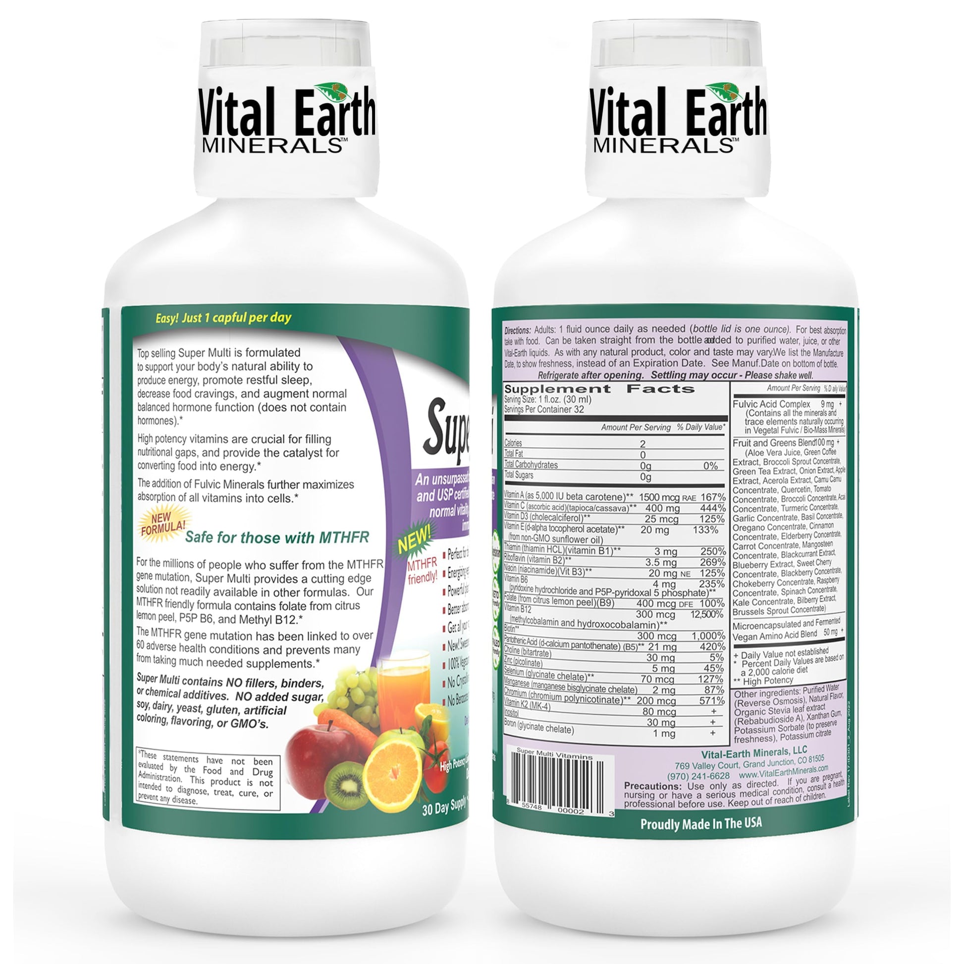 Vital Earth Minerals Super Multi – Liquid Multivitamins for Women, Men & Kids, Liquid Vitamins with Fulvic Acid for Better Absorption, MTHFR Support, 32 Oz + 1 Oz Cup Vital Earth Minerals Au supplements