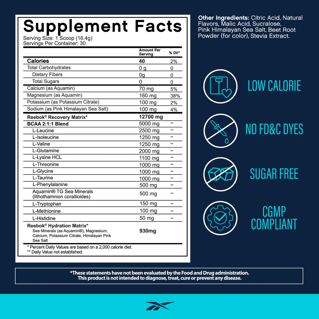 Reebok REEcover Amino Acids + Electrolytes | 8g EAAs, 5g BCAAs, Hydration Matrix | Muscle Recovery, Strength | Post-Workout Support