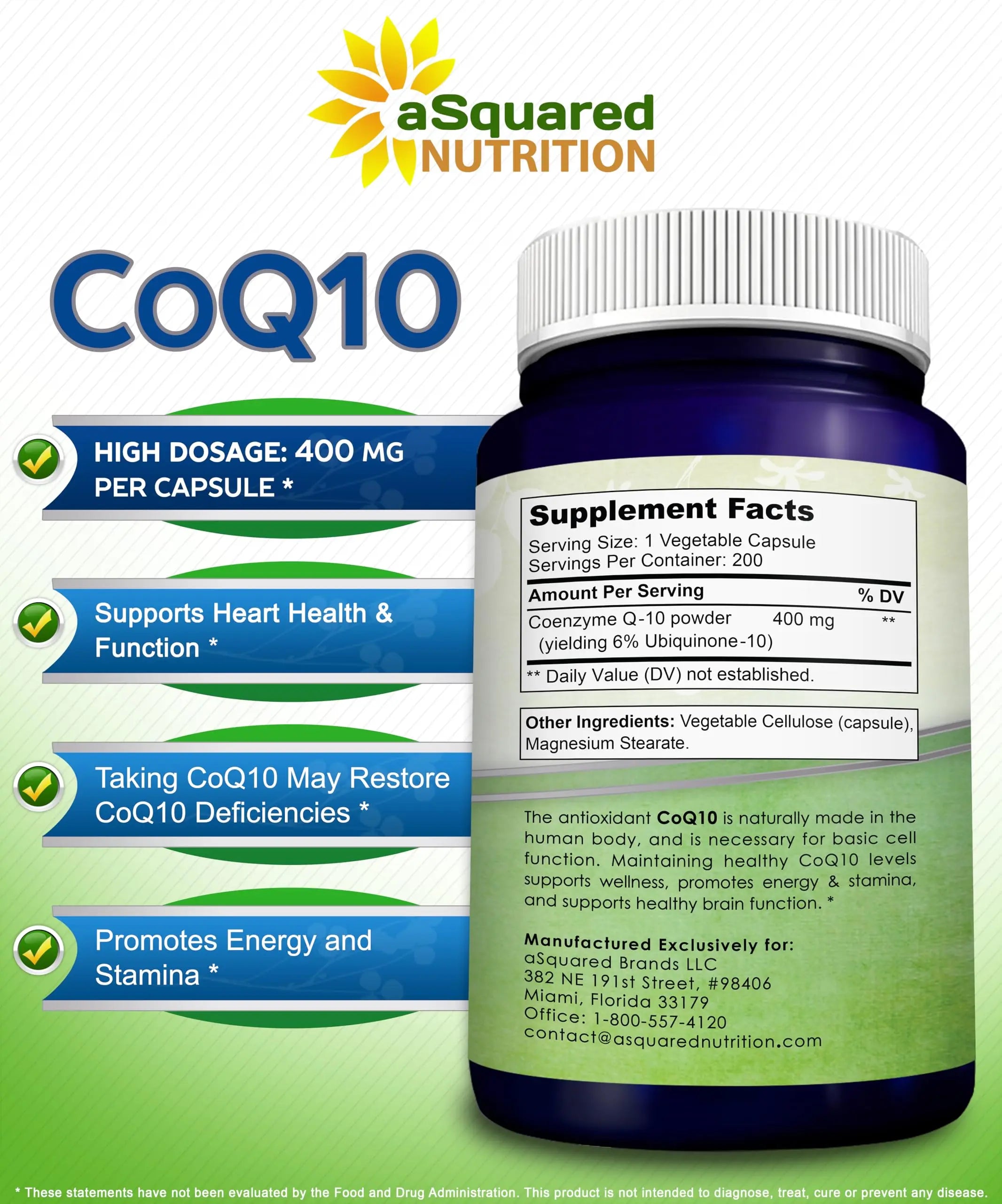 aSquared Nutrition CoQ10 (400mg Max Strength, 200 Capsules) - High Absorption Vegan Coenzyme Q10 Powder - Ubiquinone Supplement Pills, Extra Antioxidant CO Q-10 aSquared Nutrition Au supplements