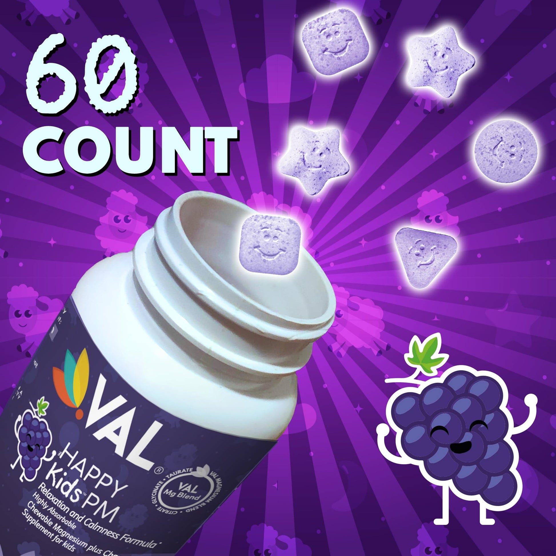 VAL Kids PM Magnesium Gummies | Sugar-Free Chewable Tablets with Chamomile, Magnesium Glycinate + Citrate + Taurate | Vitamin B6 & C | Natural Grape Flavor | Sleep & Calm Support | 60 Ct | Ages 4+ VAL Au supplements