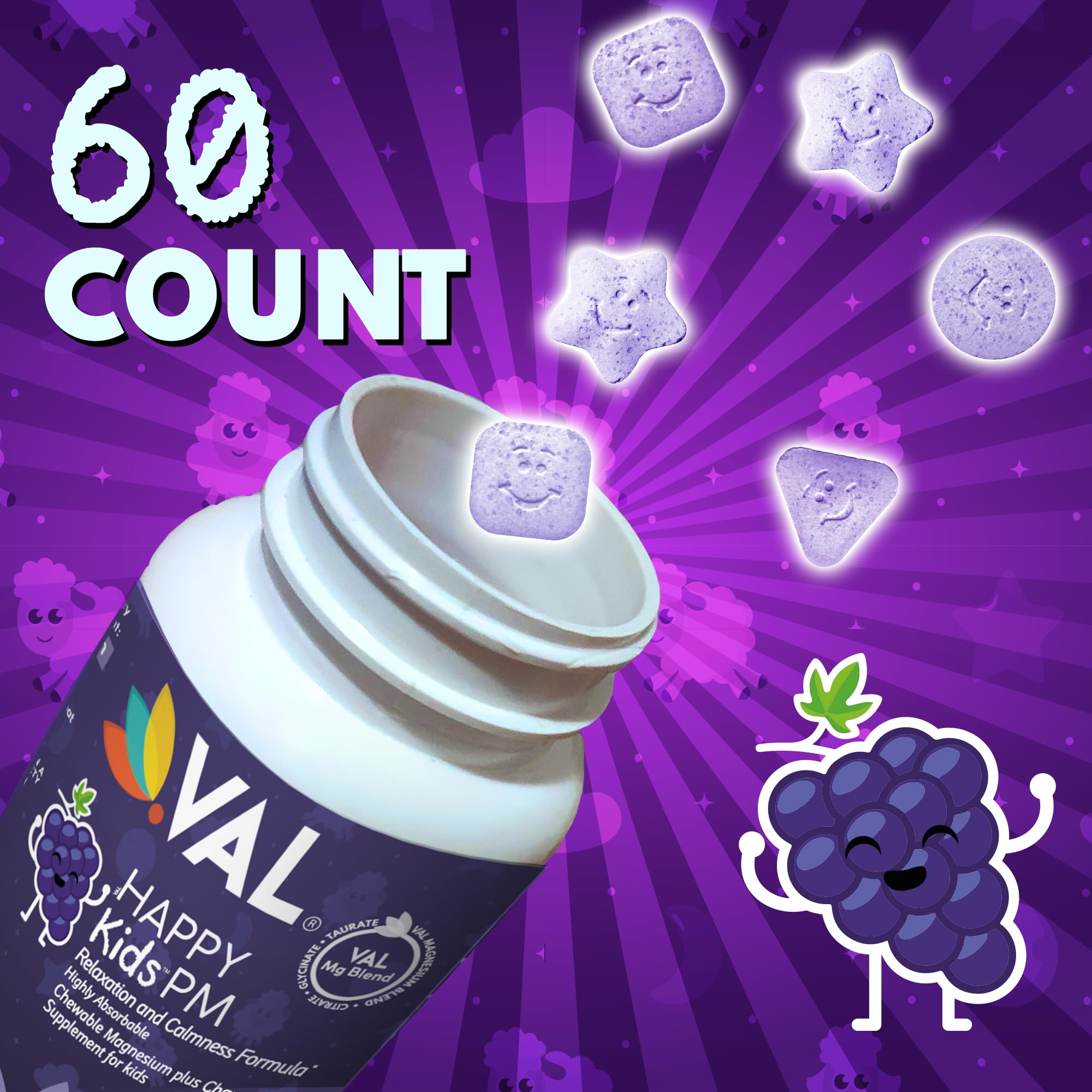 VAL Kids PM Magnesium Gummies | Sugar-Free Chewable Tablets with Chamomile, Magnesium Glycinate + Citrate + Taurate | Vitamin B6 & C | Natural Grape Flavor | Sleep & Calm Support | 60 Ct | Ages 4+ VAL Au supplements