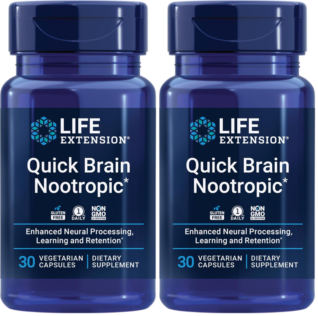 Life Extension Quick Brain Nootropic, Fast Thinking, Learning, Concentration, Lutein, zeaxanthin, gotu kola, bacopa, Gluten Free, Non-GMO, Vegetarian, 1 Daily, 30 Capsules, (Pack of 2) Life Extension Au supplements