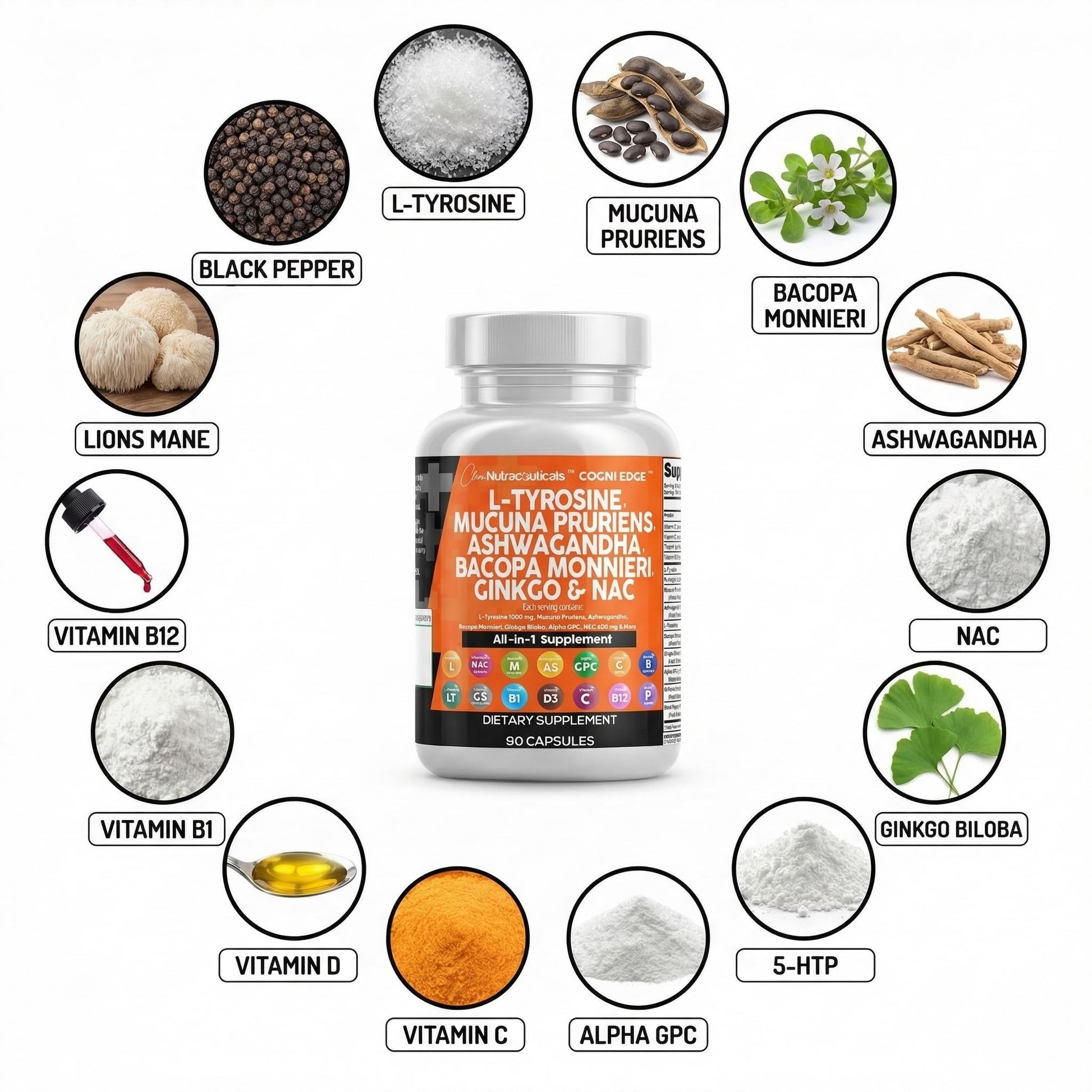 Clean Nutraceuticals L Tyrosine Mucuna Pruriens Bacopa Monnieri Ashwagandha Focus Supplement w/N-Acetyl Cysteine NAC 5-HTP Ginkgo Biloba Alpha GPC Vitamin C D B1 B12 Clean Nutraceuticals Au supplements