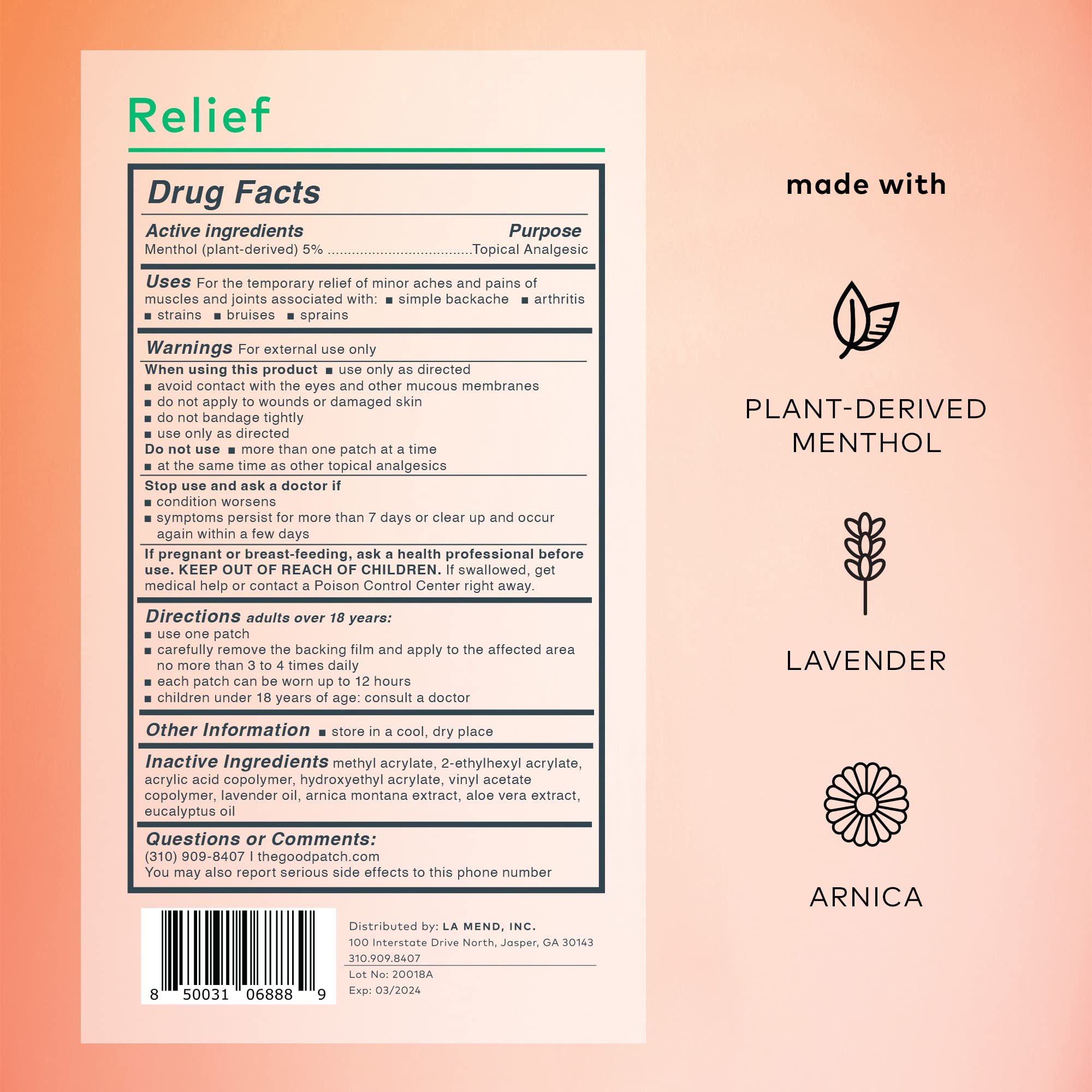 The Good Patch Muscle Pain Relief Patches, Natural Patch with Menthol, Lavender, Arnica and Aloe Vera, Sustained Release, Plant Powered Wearable Wellness, For Back, Neck, Arms, Legs (16 Total Patches) The Good Patch Au supplements