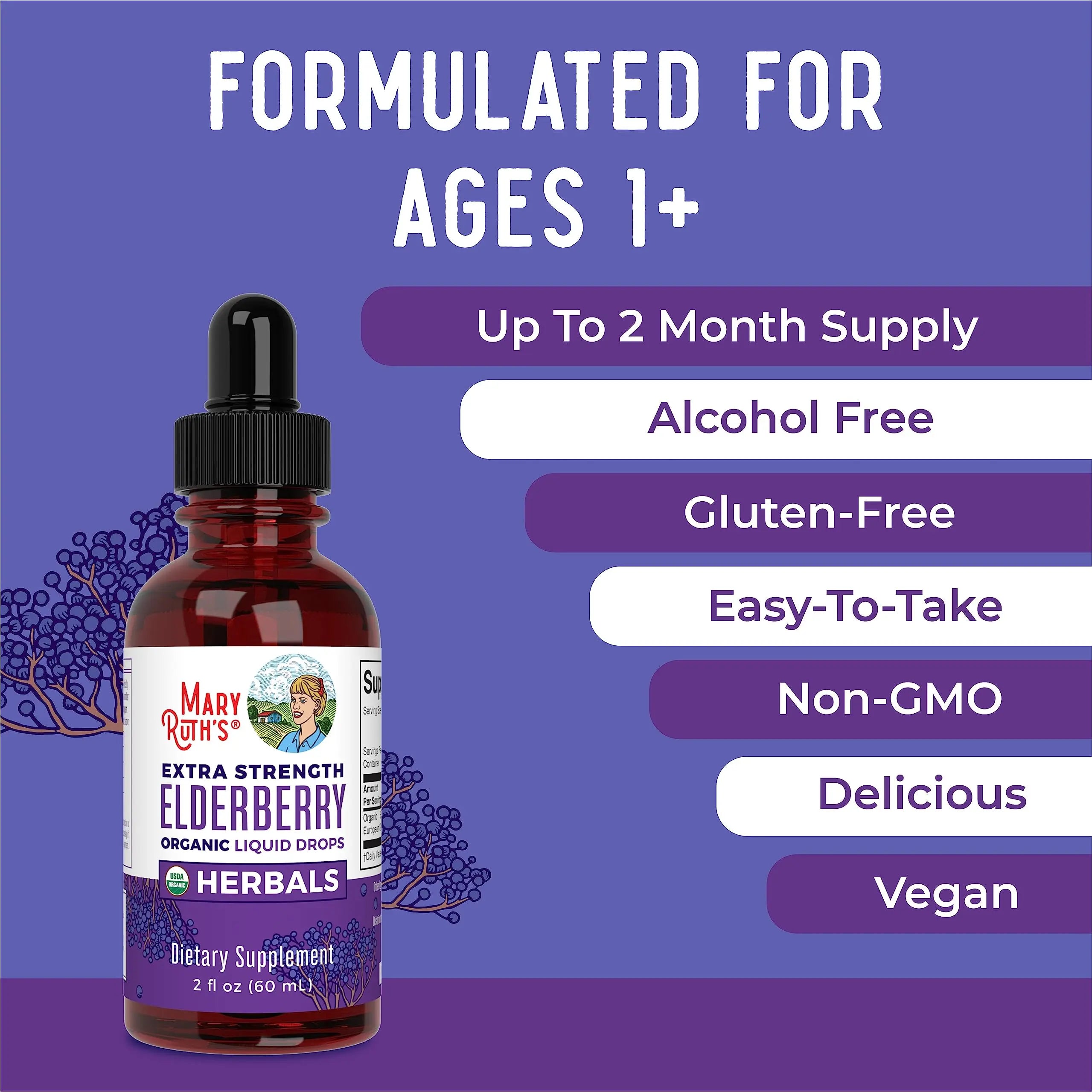 MaryRuth Organics Elderberry Syrup Extra Strength, USDA Organic Elderberry, Sugar Free Adults & Kids Immune Support Supplement for Ages 1+, Clean Label Project Verified®, Vegan, Gluten Free, 2 Fl Oz MARYRUTH'S Au supplements