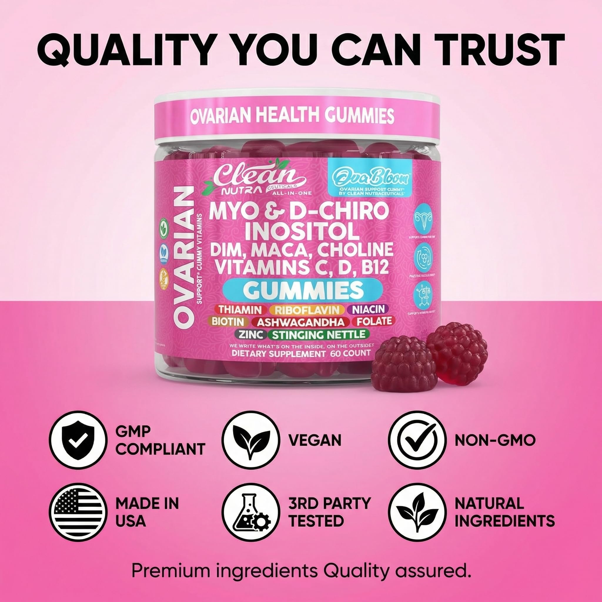 OVA Bloom Ovarian Support Gummies Myo Inositol D-Chiro Inositol Choline Flax Biotin Riboflavin Thiamin Niacin Ashwagandha DIM Maca Root Vitamin C D3 B12 Zinc 60 Count By Clean Nutra Clean Nutraceuticals Au supplements