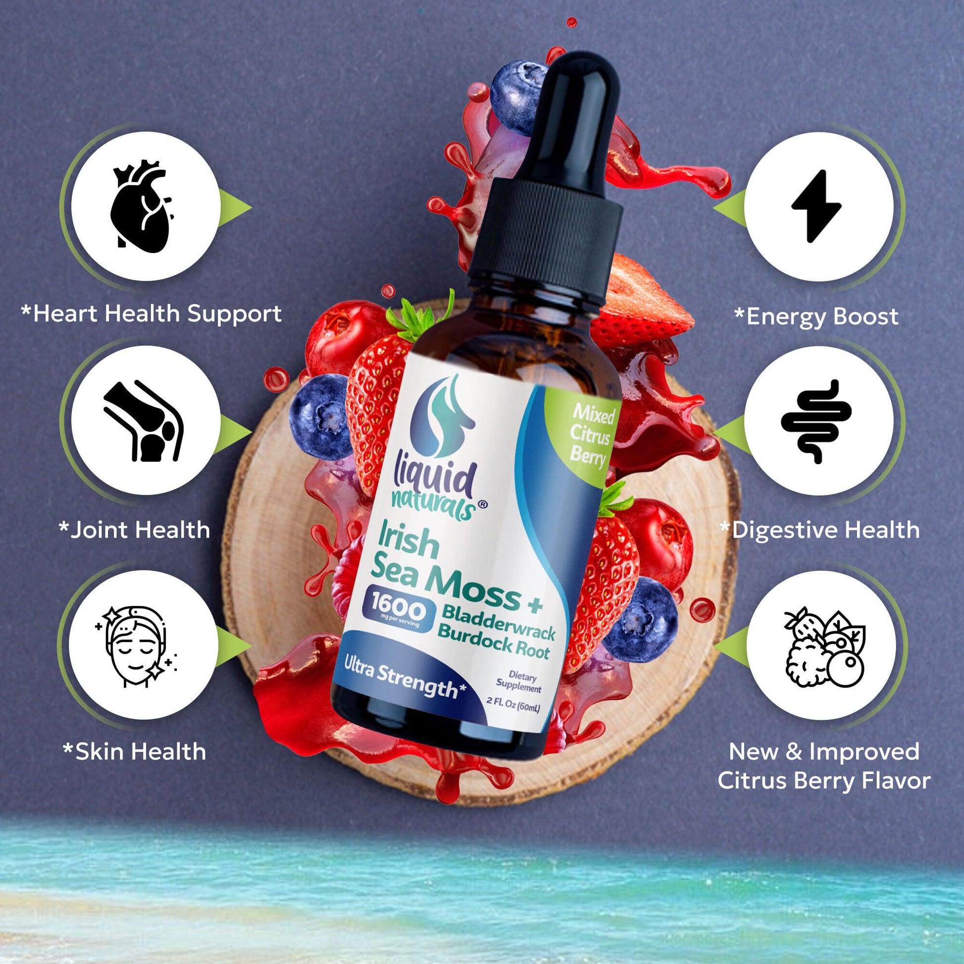 Liquid Naturals Irish Sea Moss Drops - Citrus Berry Flavor - 92+ Essential Minerals & Vitamins - Energy, Skin, Gut, Recovery - Bladderwrack and Burdock Root - 2 fl. oz Liquid Naturals Au supplements