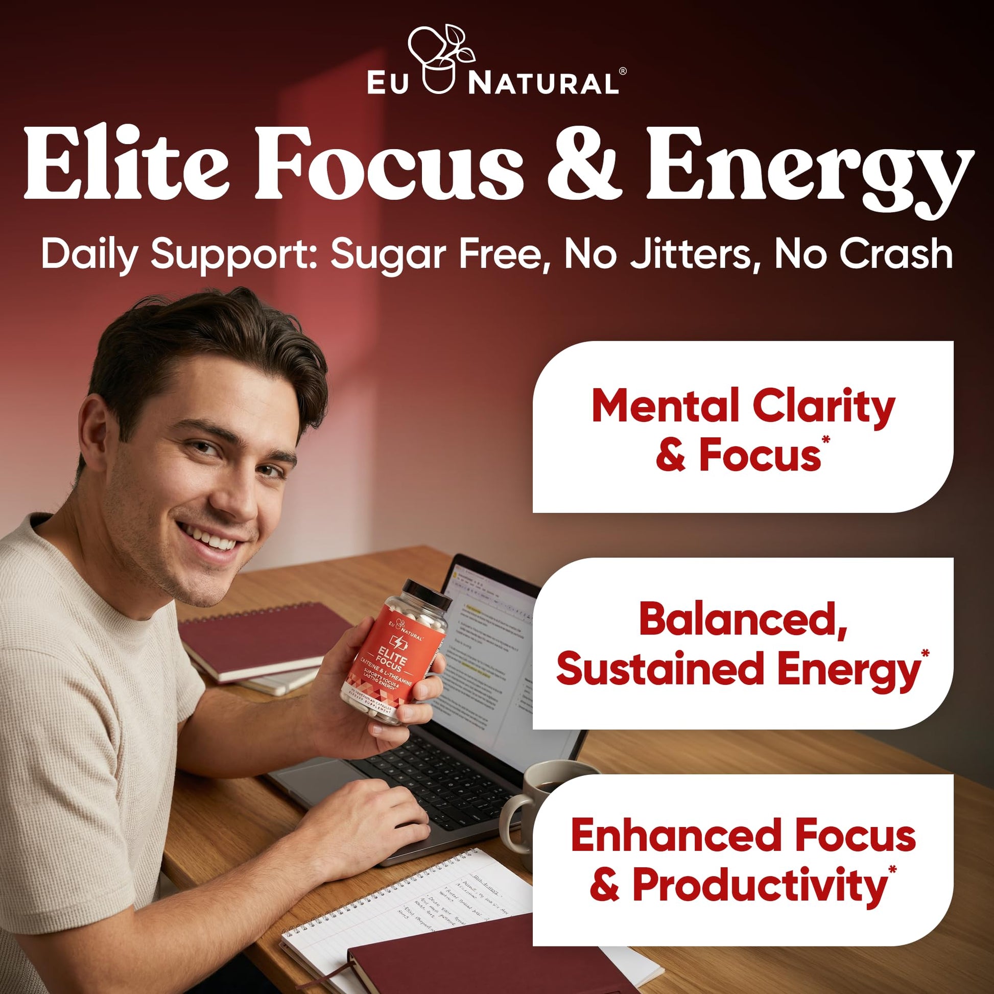 Eu Natural Elite Caffeine Pills with L-Theanine - 100mg Caffeine + 200mg L-Theanine - Jitter-Free Focused Energy & Clean Nootropic Stack - 240 Soft Capsules Eu Natural Au supplements