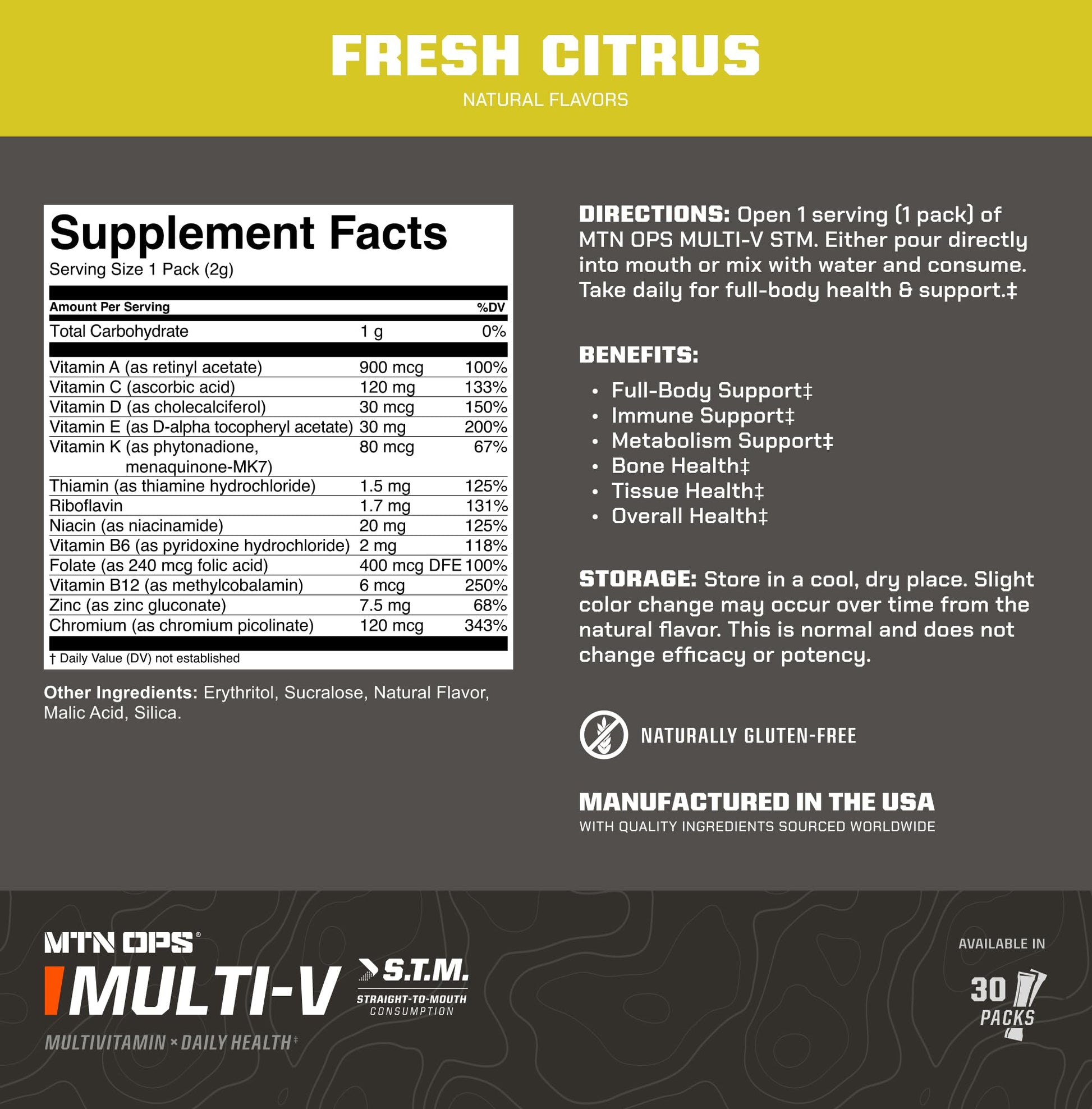 MTN OPS Multi‑V STM On‑the‑Go Daily Multivitamin for Men, Women & Kids – Straight‑to‑Mouth Vitamin C D3 B Zinc Packs – Gluten Free, Natural Flavors, 30 Servings MTN OPS Au supplements