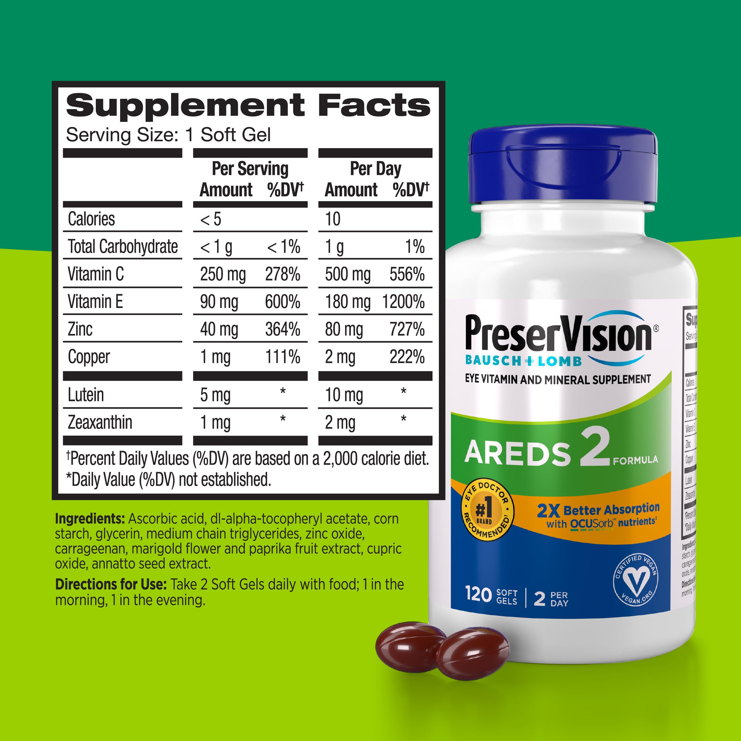 PreserVision AREDS 2 Eye Vitamin & Mineral Supplement with OCUSorb, 120 Vegan Soft Gels, Contains Lutein, Zeaxanthin, Vitamin C & E, Zinc, & Copper, Eye Health Supplements for Adults PreserVision Au supplements