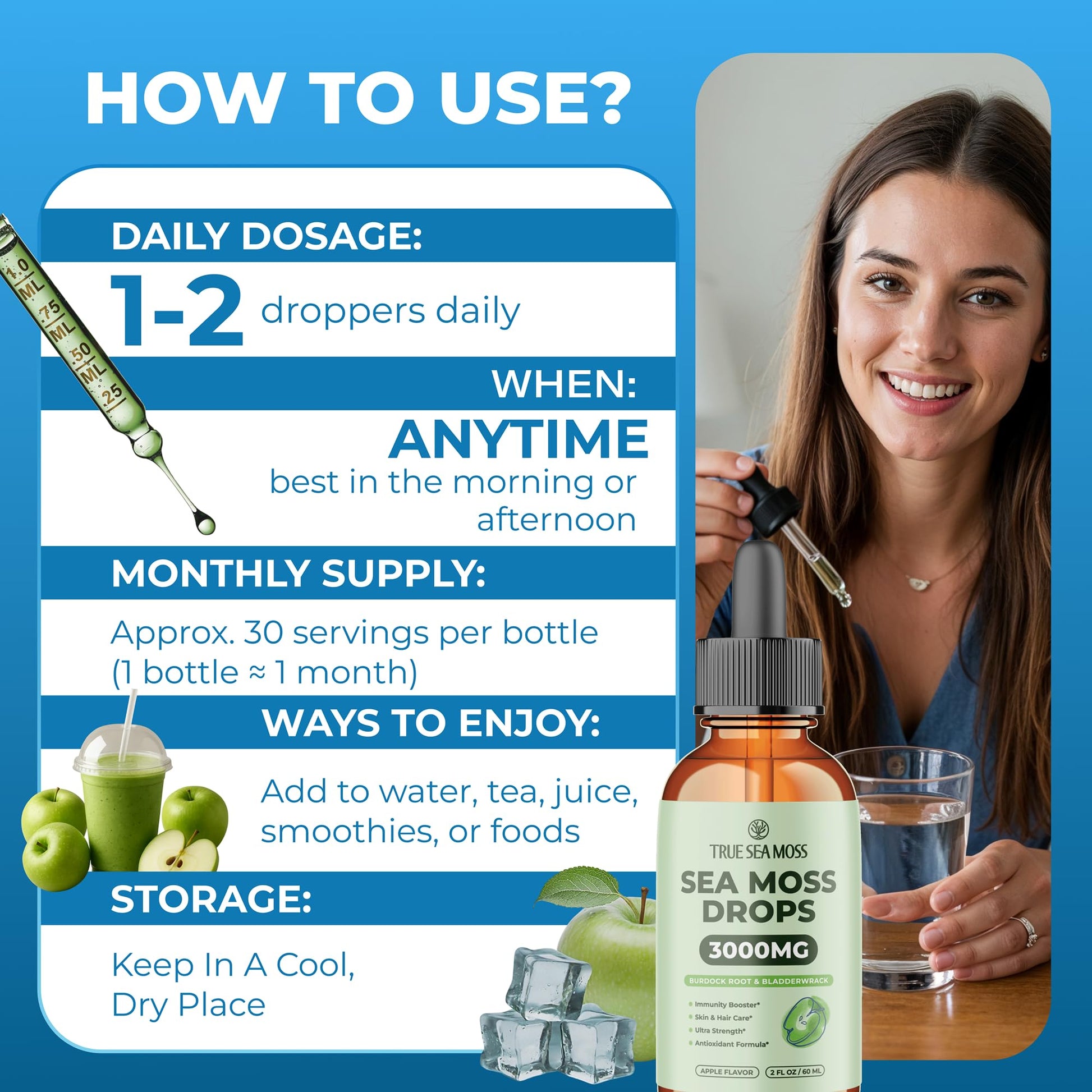 Irish Sea Moss Liquid Drops - 3000mg Formula - with Bladderwrack, Burdock Root & Black Cumin Seed - Liquid Supplement - Apple Flavor - 2 Fl Oz (60ml) TrueSeaMoss Au supplements