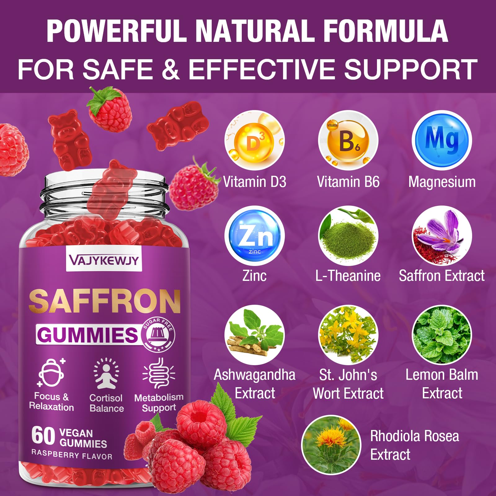 VAJYKEWJY Saffron Gummies (88.5 mg) with Magnesium — Enhanced with St. John’s Wort, Rhodiola, Ashwagandha & Vitamins B6, B12, D3 for Mood & Focus Support — 60 Count VAJYKEWJY Au supplements