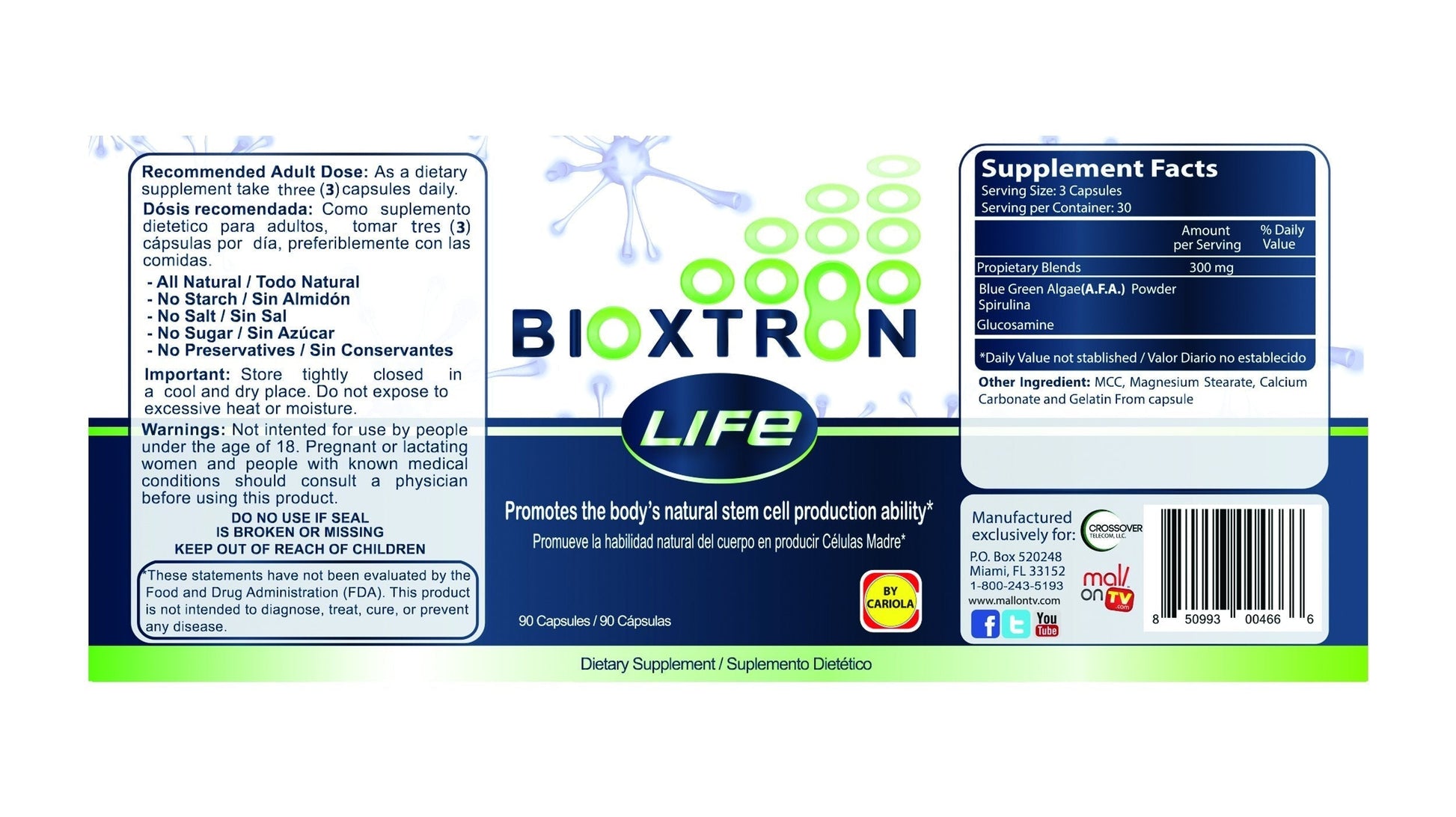 Bioxtron Life AFA Stem Cell Supplement - Joint Support & Muscle Pain - Immune System Support - Support Energy Levels - Stem Cell Production - Blue Green Algae Spirulina - 90 Caps + Cream 2 oz Bioxtron Au supplements