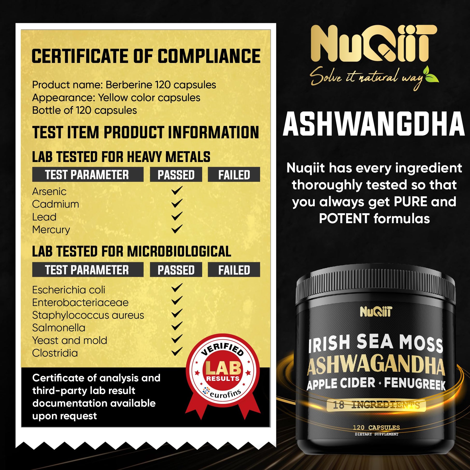 NUQIIT Organic Ashwangdha Capsules 15000mg Irish Sea Moss Apple Cider Vinegar & More - Support Brain Health, Strength & Immune System - 120 Vegan Capsules NUQIIT Au supplements