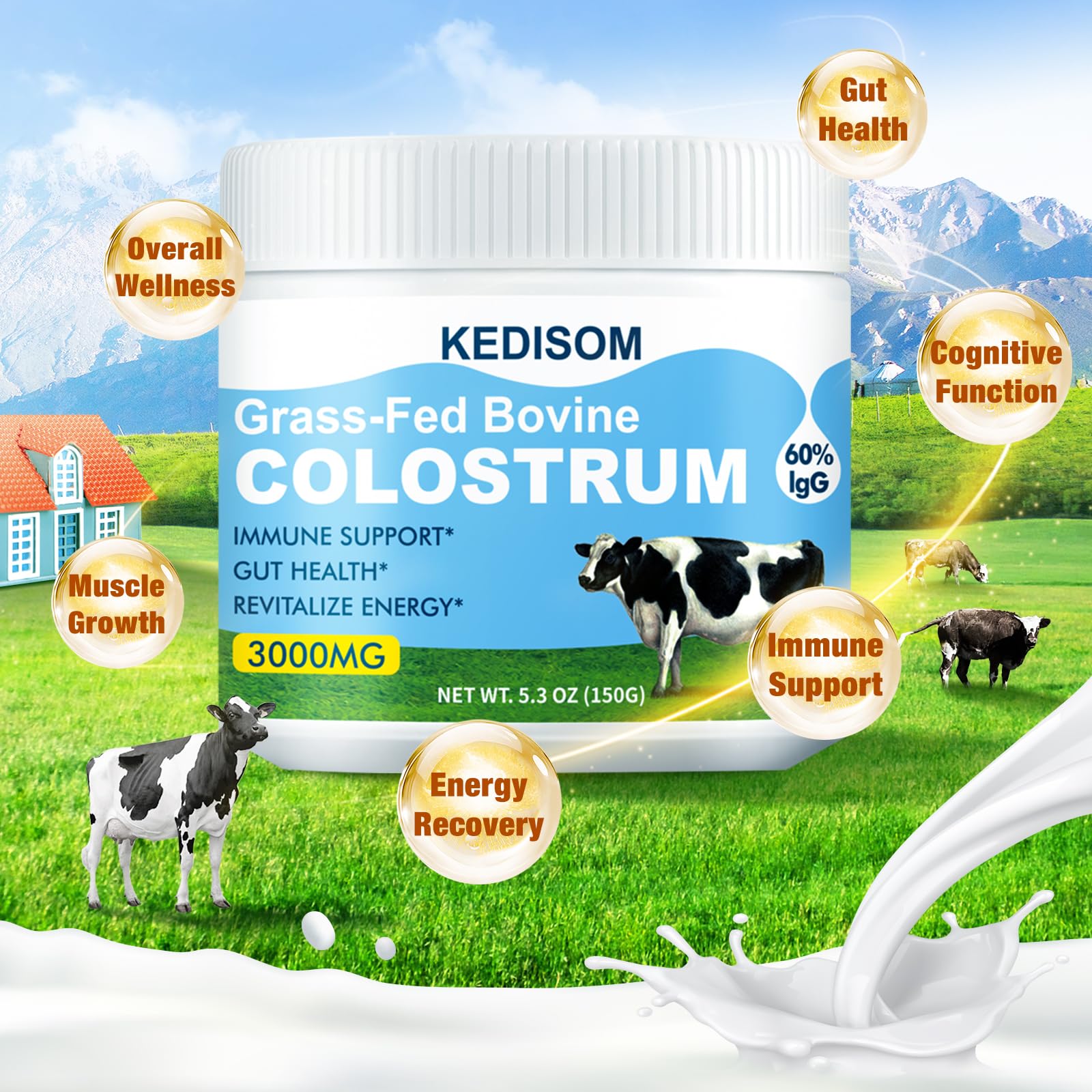 KEDISOM Grass-Fed Bovine Colostrum Supplement Powder - 60% High IgG 3000 mg for Gut Health, Immune Support - Easy to Mix Natural Liposomal Colostrum Superfood, Unflavored, 50 Servings KEDISOM Au supplements
