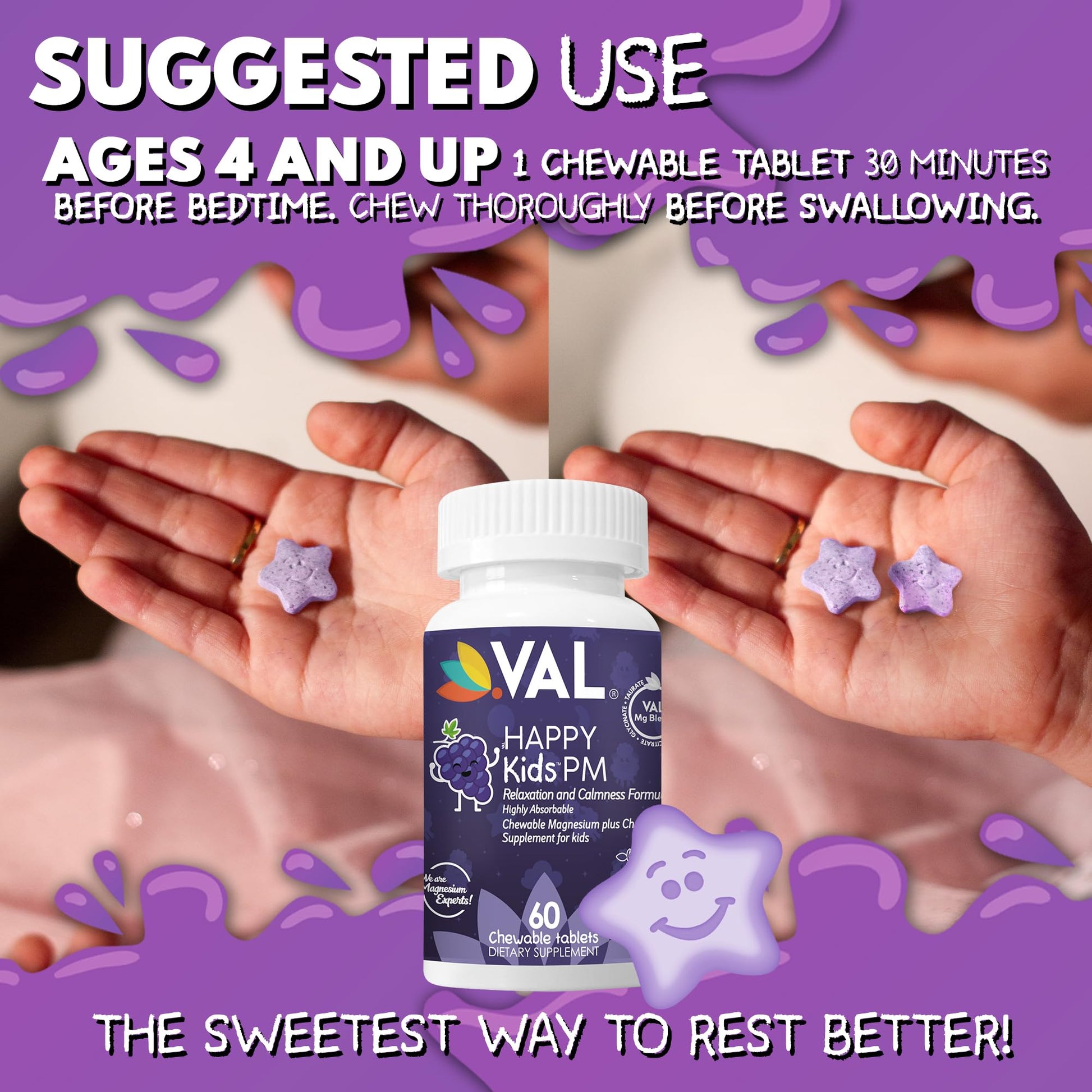 VAL Kids PM Magnesium Gummies | Sugar-Free Chewable Tablets with Chamomile, Magnesium Glycinate + Citrate + Taurate | Vitamin B6 & C | Natural Grape Flavor | Sleep & Calm Support | 60 Ct | Ages 4+ VAL Au supplements