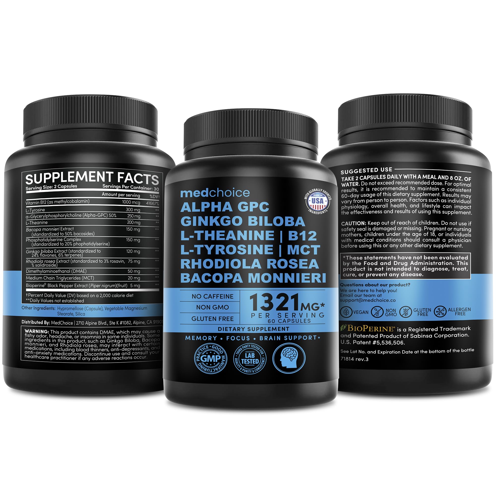 12-in-1 Nootropic Brain Supplement Anhydrous: Ginkgo Biloba for Brain Support, Memory and Focus - B12, Alpha GPC, L Theanine and Choline Supplements with Bioperine non Caffeinated 1321mg (120ct) MEDCHOICE Au supplements
