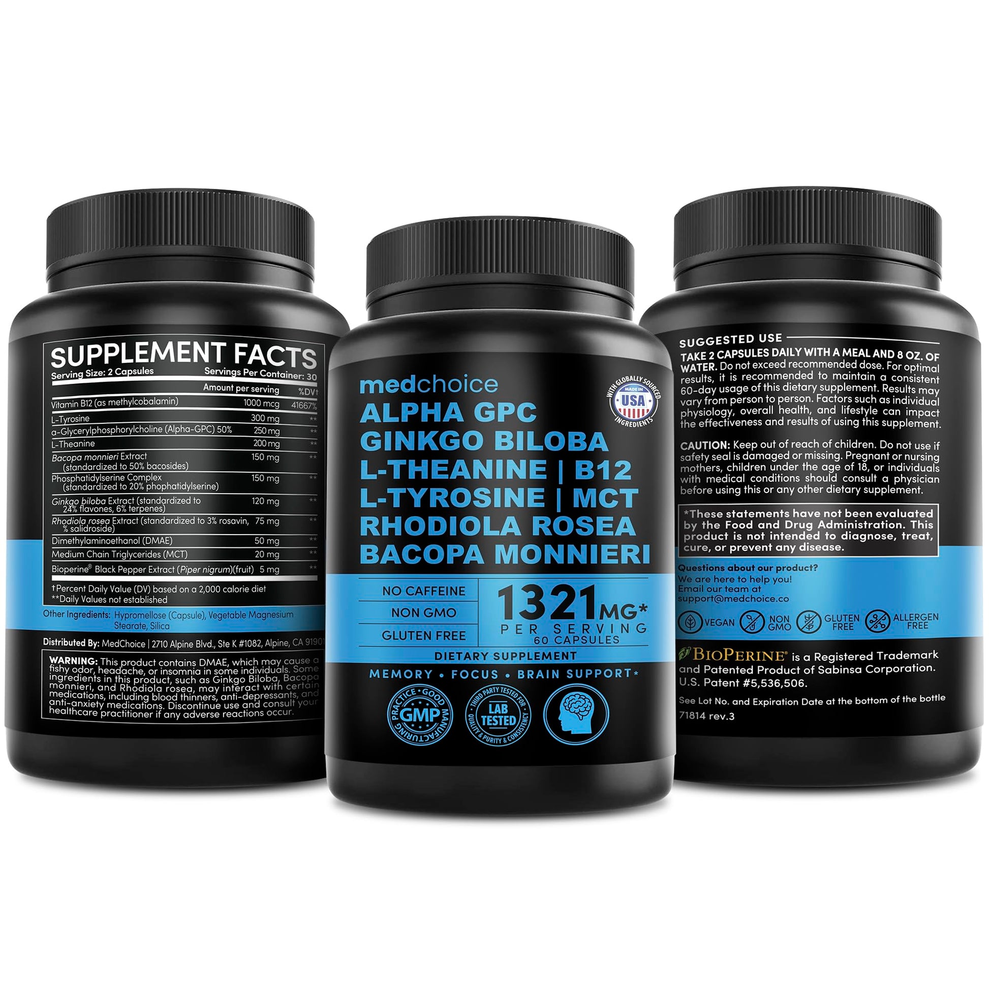 12-in-1 Nootropic Brain Supplement Anhydrous: Ginkgo Biloba for Brain Support, Memory and Focus - B12, Alpha GPC, L Theanine and Choline Supplements with Bioperine Non Caffeinated 1321mg (60ct) MEDCHOICE Au supplements
