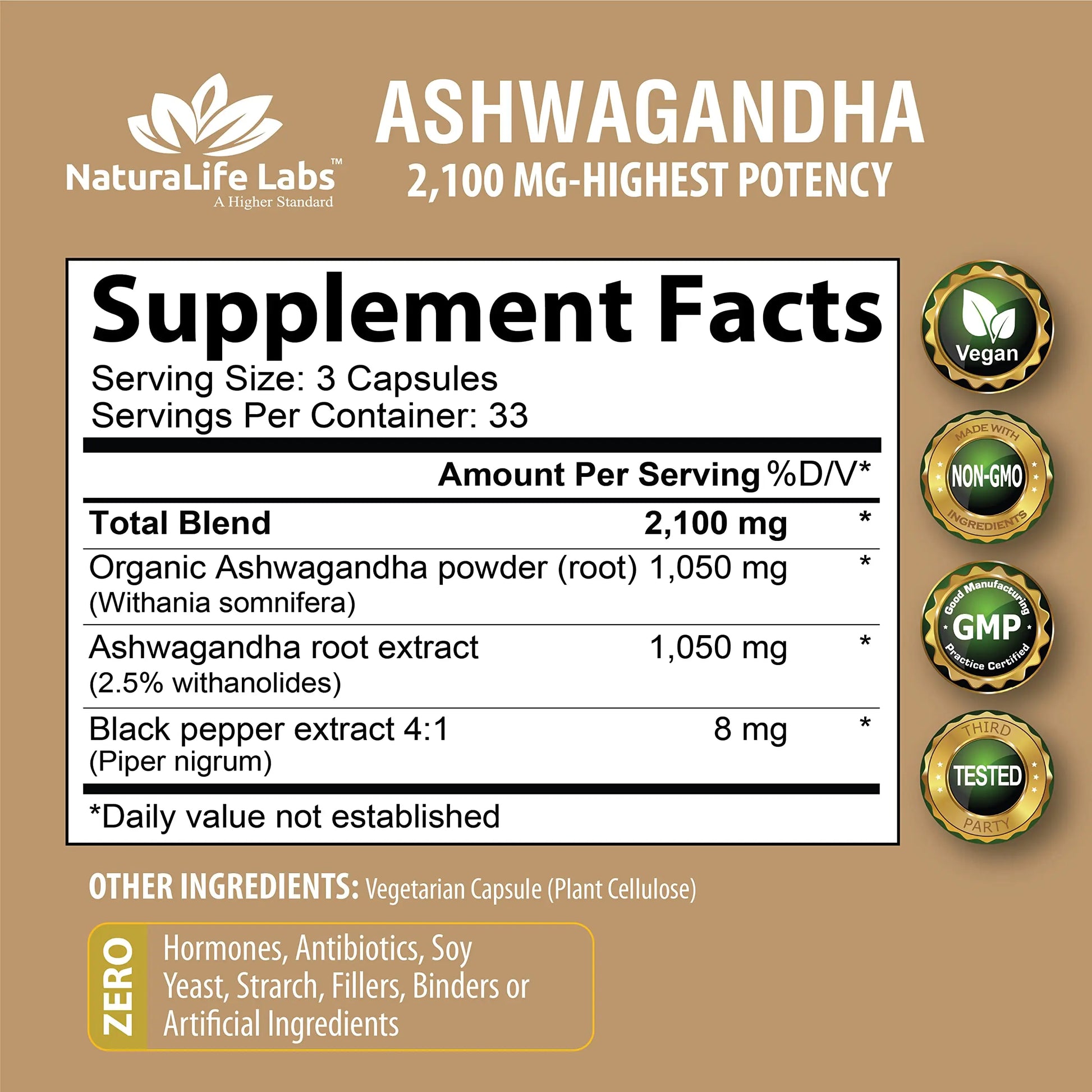Organic Ashwagandha 2,100 mg - 100 Vegan Capsules Pure Organic Ashwagandha Powder NaturaLife Labs A Higher Standard Au supplements
