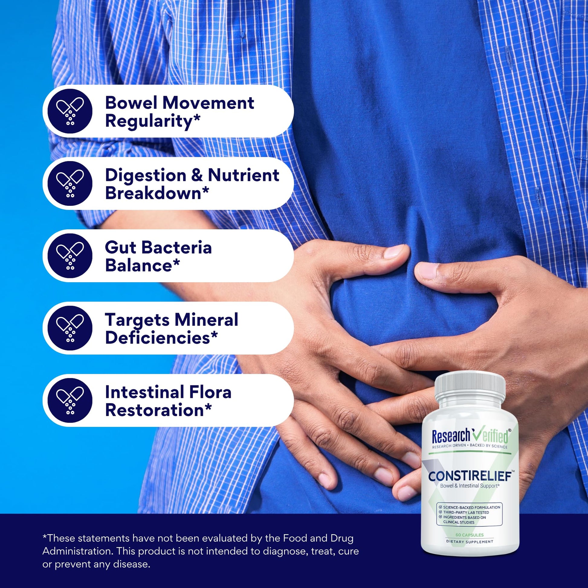 Research Verified ConstiRelief - The best Supplement for Constipation Relief on the market - with L. Acidophilus for long term health and prevention. 100% back guarantee! (Pack of 3) Research Verified Au supplements