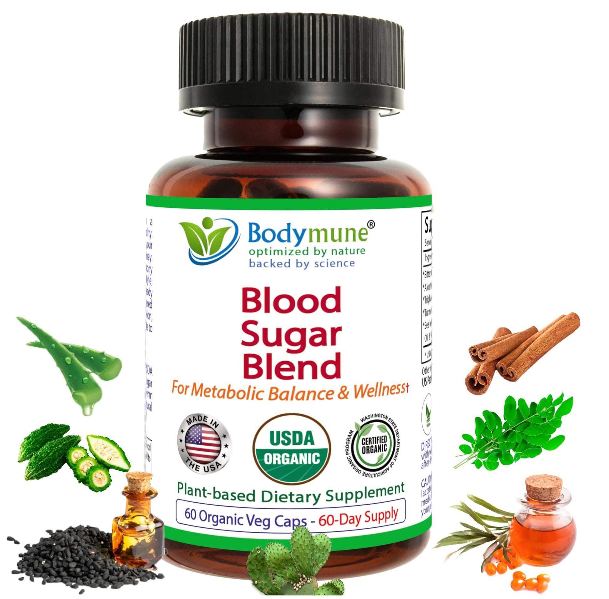 Bodymune USDA Organic Blood Sugar Blend | Supports Healthy Metabolism* | with Bitter Melon, Moringa, Aloe Vera, Nopal, Papaya Extracts & More | 60-Day Supply | Vegan & Non-GMO | USA-Made Bodymune Au supplements