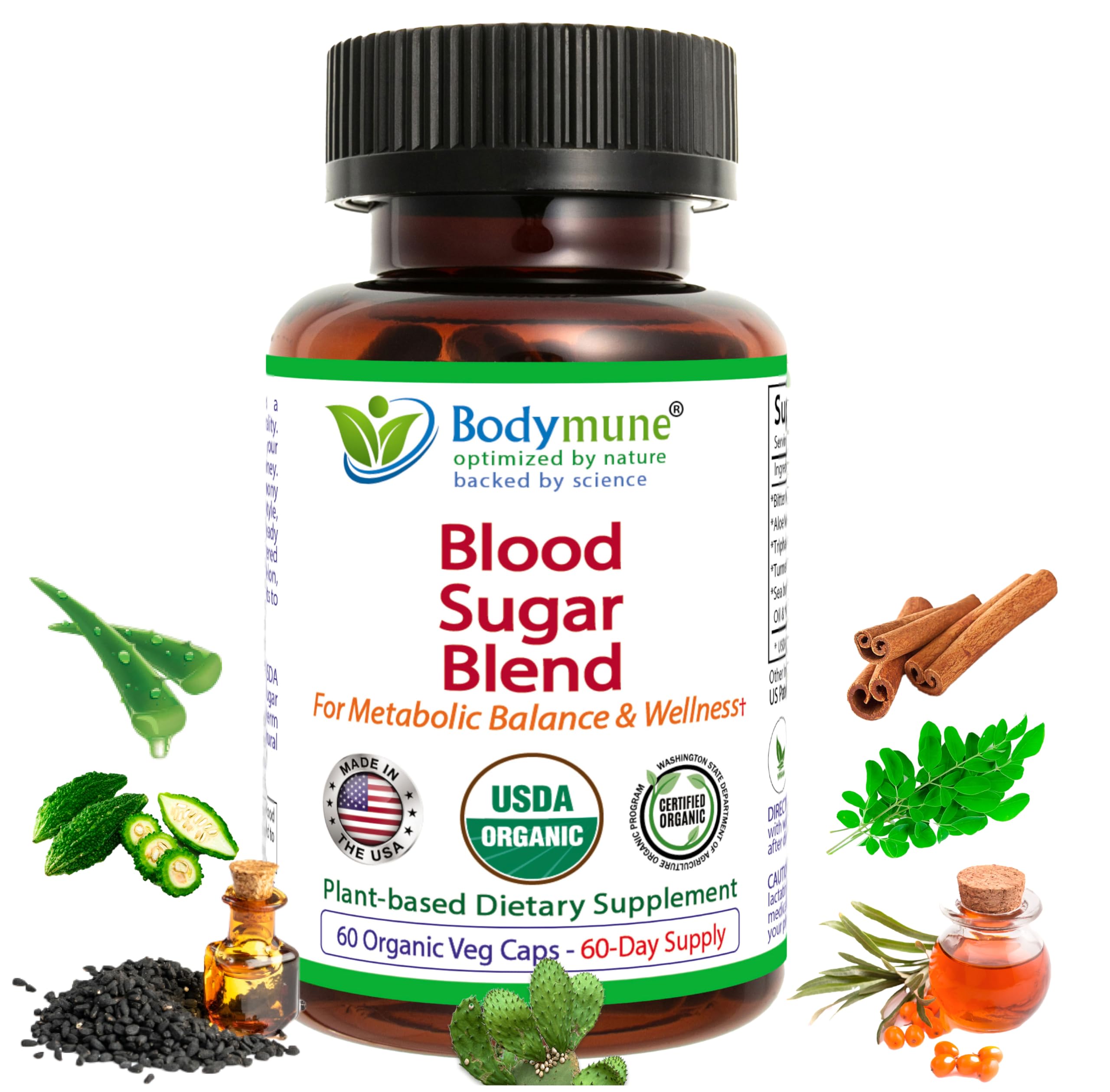 Bodymune USDA Organic Blood Sugar Blend | Supports Healthy Metabolism* | with Bitter Melon, Moringa, Aloe Vera, Nopal, Papaya Extracts & More | 60-Day Supply | Vegan & Non-GMO | USA-Made Bodymune Au supplements
