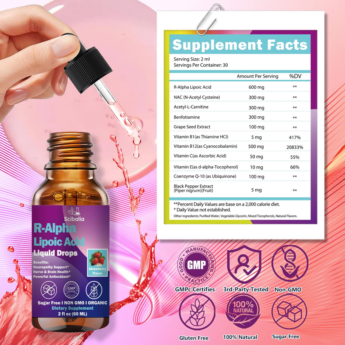 R Alpha Lipoic Acid 600mg Liquid Drops for Neuropathy, Advanced 11-in-1 Stabilized R-ALA Supplement w. Benfotiamine Acetyl L-Carnitine Vitamin C E for Antioxidant Nerve Brain Energy Health Non GMO Scibalia Au supplements