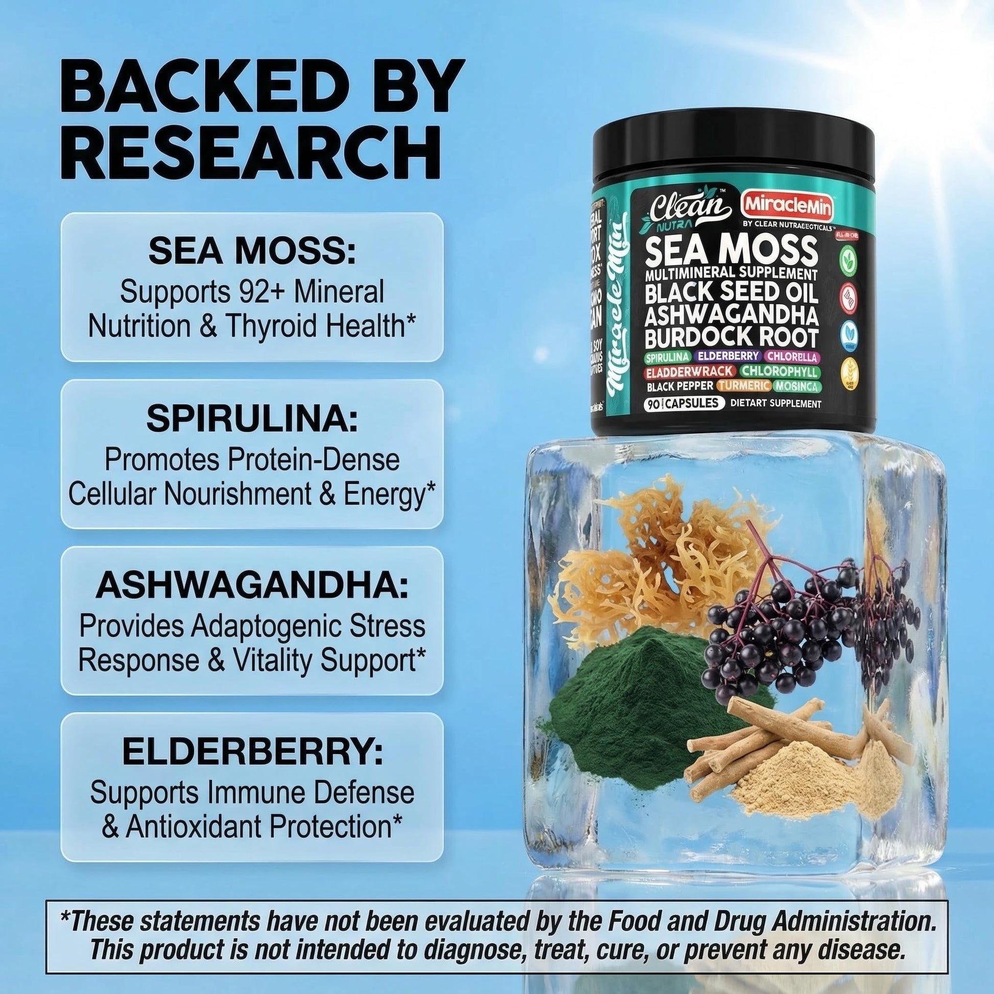Clean Nutra Organic Sea Moss Capsules with Ashwagandha, Black Seed Oil, Burdock Root, Bladderwrack, Moringa, Chlorella, Spirulina, Turmeric, Elderberry, Amla – 90 Vegan Capsules – MiracleMin Clean Nutraceuticals Au supplements