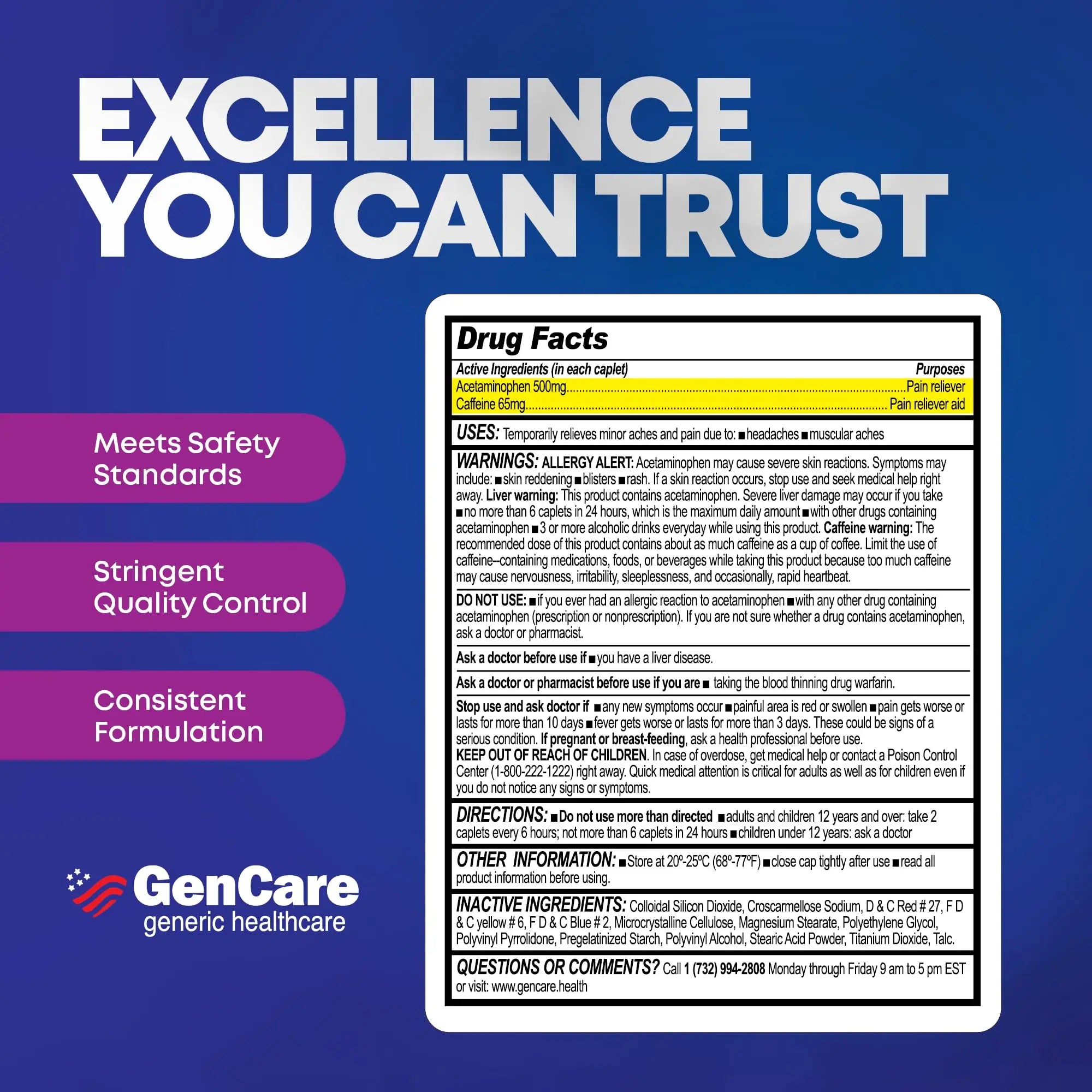 GenCare - Tension Headache Relief Pain Reliever with Acetaminophen 500 mg & Caffeine 65 mg (200 Caplets) Best Value Bulk Extra Strength for Head, Migraine, Joint Pain & Body Ache Relief Medicine GenCare Au supplements