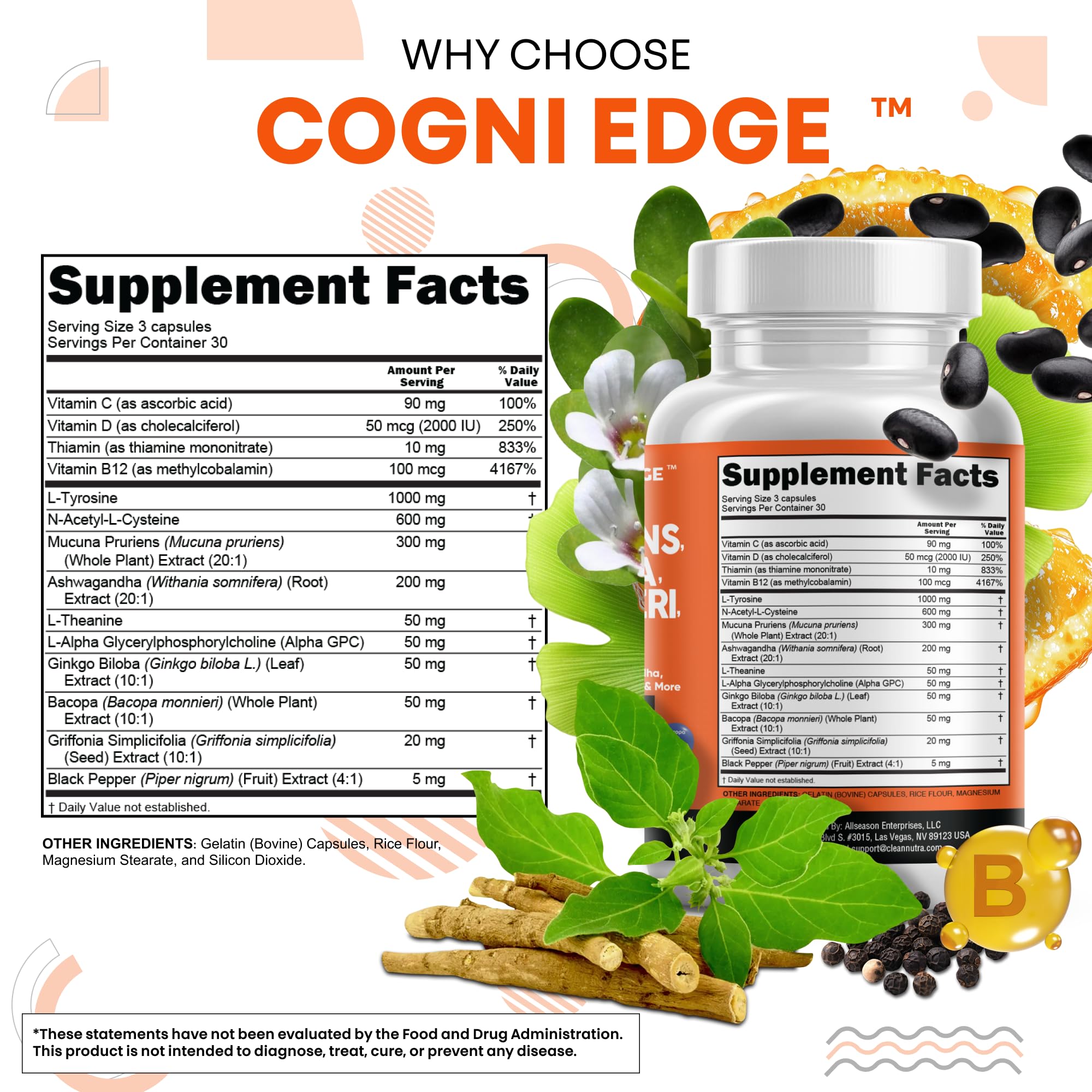 Clean Nutraceuticals L Tyrosine Mucuna Pruriens Bacopa Monnieri Ashwagandha Focus Supplement w/N-Acetyl Cysteine NAC 5-HTP Ginkgo Biloba Alpha GPC Vitamin C D B1 B12 Clean Nutraceuticals Au supplements