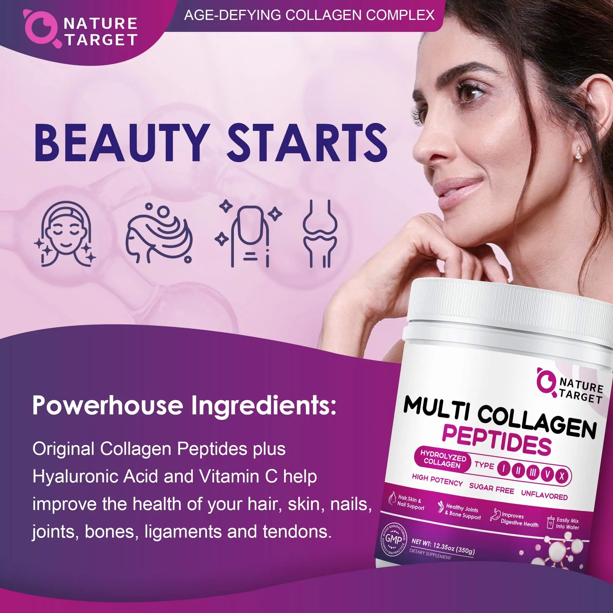 NATURE TARGET Multi Collagen Peptides Powder - Type I, II, III, V, X - Hydrolyzed Collagen Peptides with Vitamin C Hyaluronic Acid, Supports Skin Hair Nail & Joint NATURE TARGET Au supplements