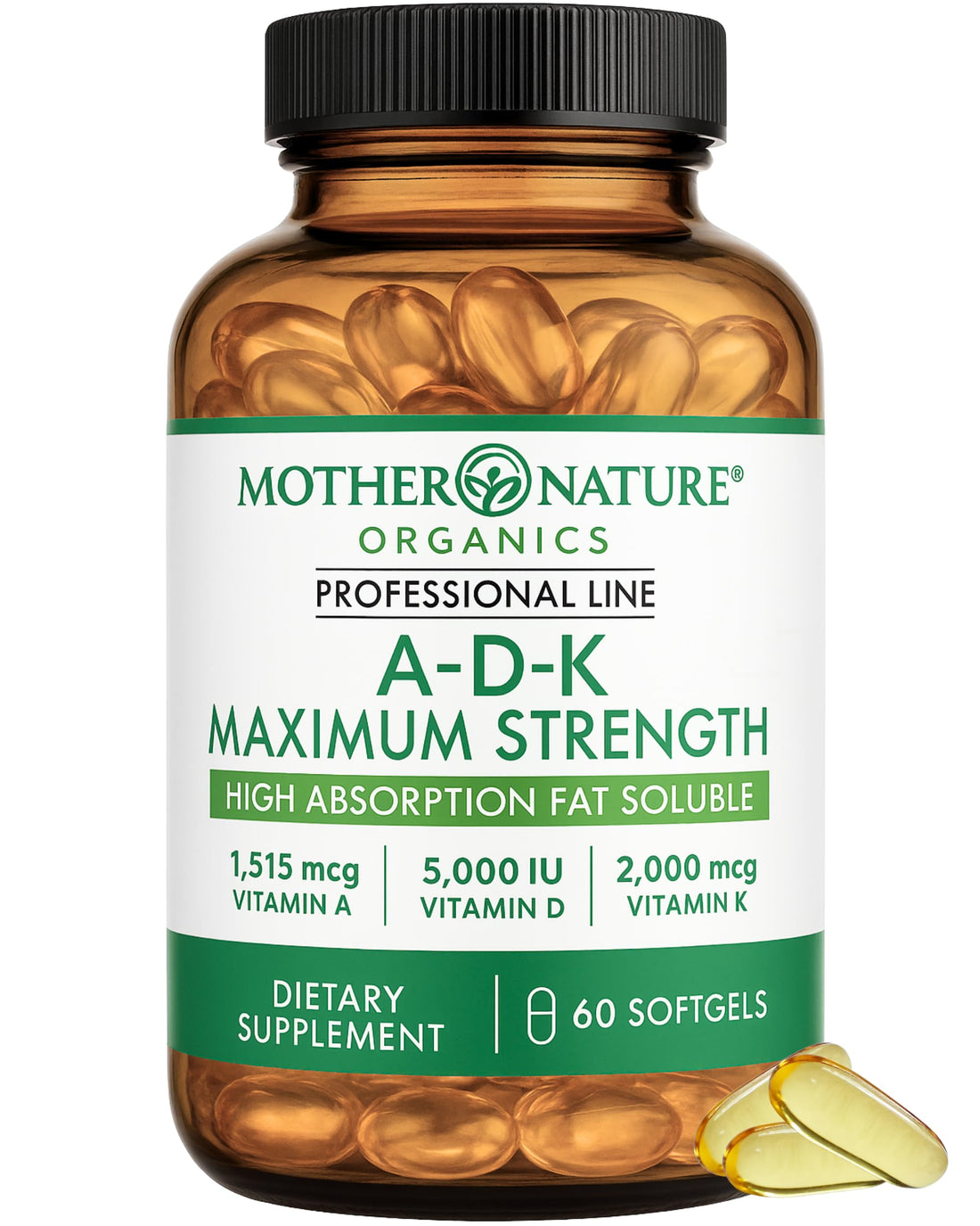 ADK Vitamin Supplement - 5000 IU Vitamin D3 + A & K2 MK-7 - High Absorption for Bone, Heart & Immune Support - Non-GMO (60 Softgels) Mother Nature Organics Superfoods for Organic Living Au supplements