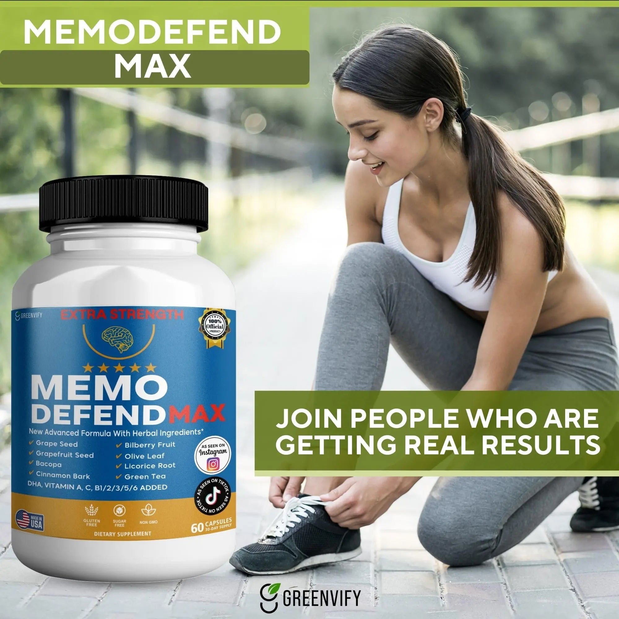 Memo Defend Max Memory Support Supplement, 60 Capsules, with Vitamins A C D E B Complex, DHA, Bacopa, Grapefruit Seed (1) GREENVIFY Au supplements