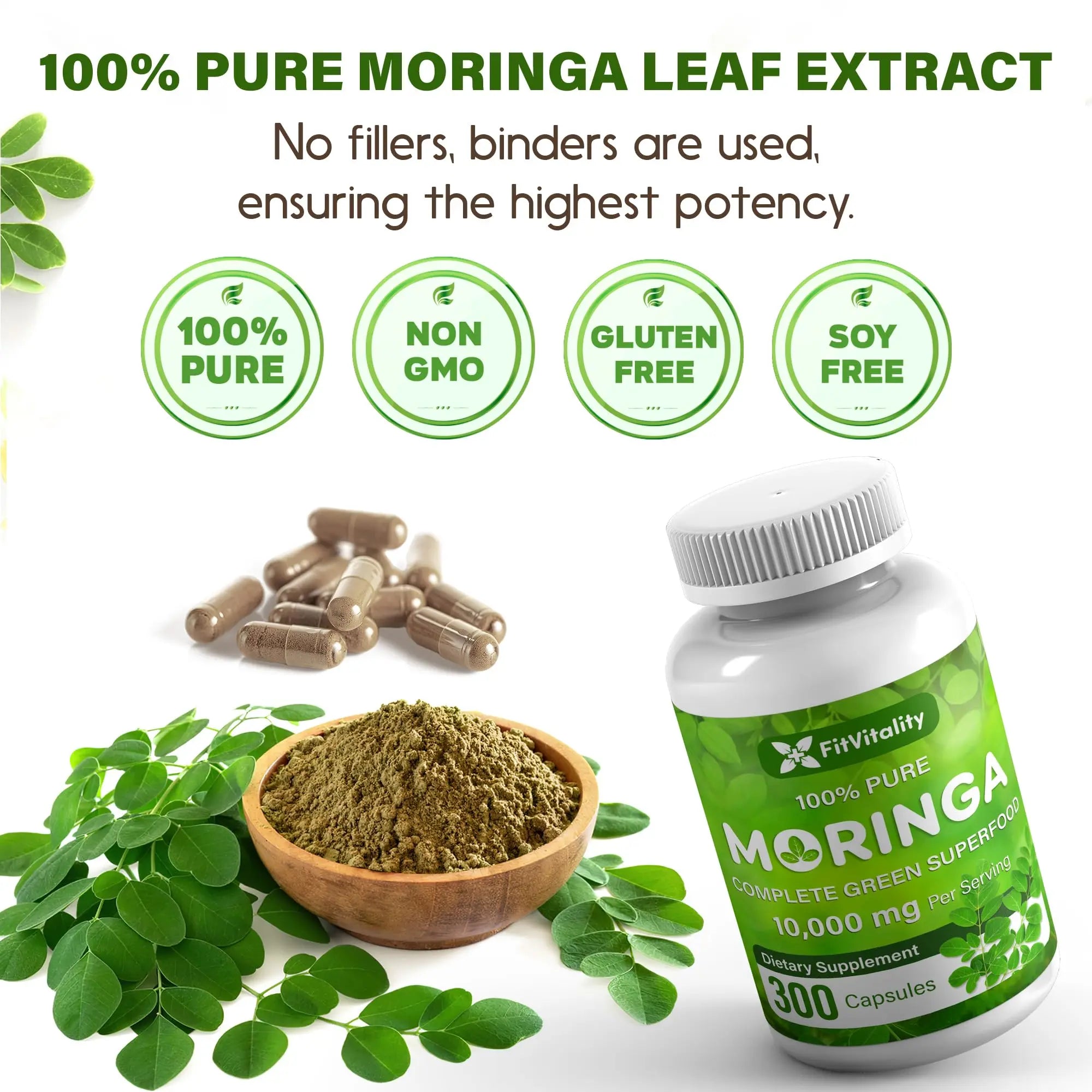 Moringa Capsules| Moringa Oleifera |10,000mg| 300 Capsules| 100% Pure| Non-GMO FitVitality Au supplements