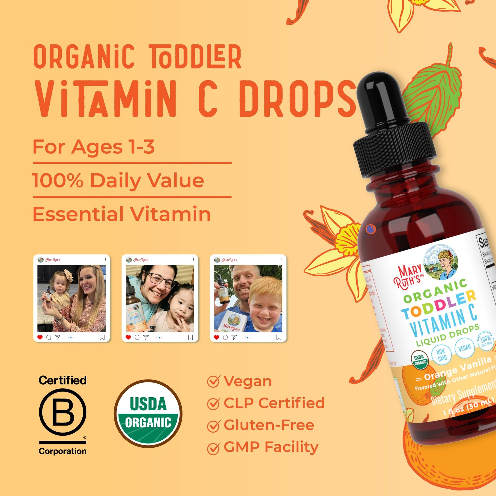 MARYRUTH'S Organic Toddler Vitamin C Drops for Immunity | Ages 1-3 Years | 15 mg Per Serving | Vitamin C for Immune Support & Overall Health | Vegan | Sugar Free MARYRUTH'S Au supplements