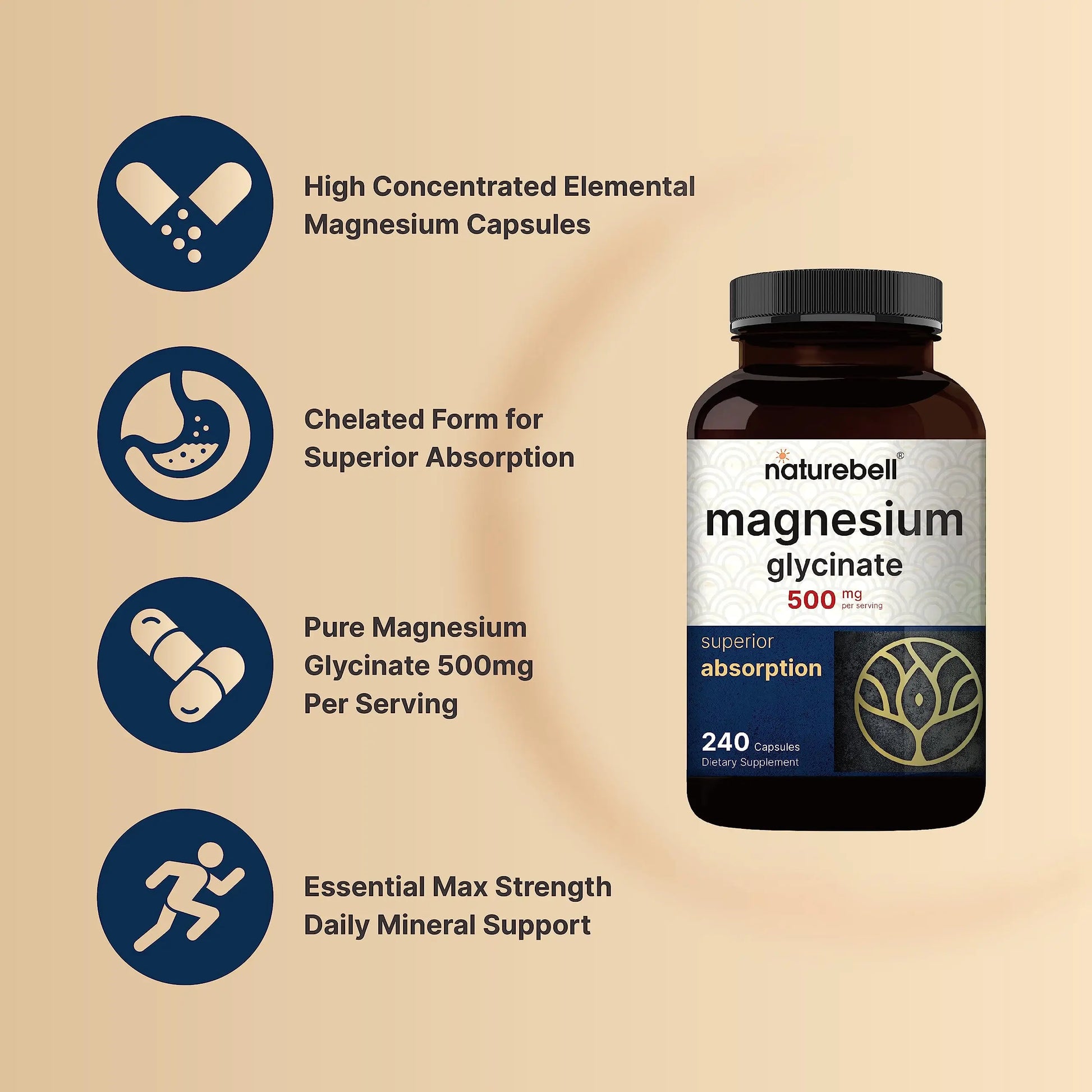 Magnesium Glycinate Capsules 500mg | 240 Count, 100% Chelated & Purified, 3rd Party NatureBell Au supplements