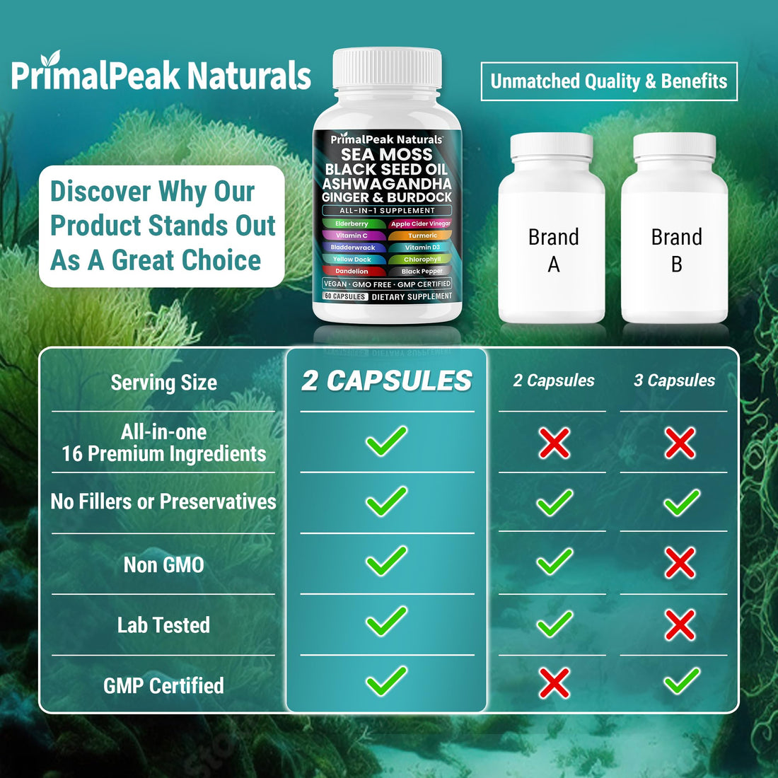 PrimalPeak Naturals Sea Moss Black Seed Oil Ashwagandha Ginger Burdock Bladderwrack Turmeric & Vitamin C Vitamin D3 with ACV Elderberry Chlorophyll Dandelion Yellow Dock Vegan Capsules - 60 Count PrimalPeak Naturals Au supplements