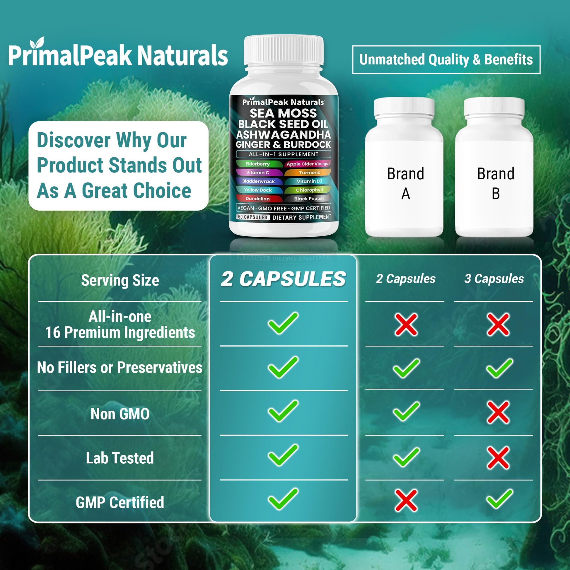 PrimalPeak Naturals Sea Moss Black Seed Oil Ashwagandha Ginger Burdock Bladderwrack Turmeric & Vitamin C Vitamin D3 with ACV Elderberry Chlorophyll Dandelion Yellow Dock Vegan Capsules - 60 Count PrimalPeak Naturals Au supplements