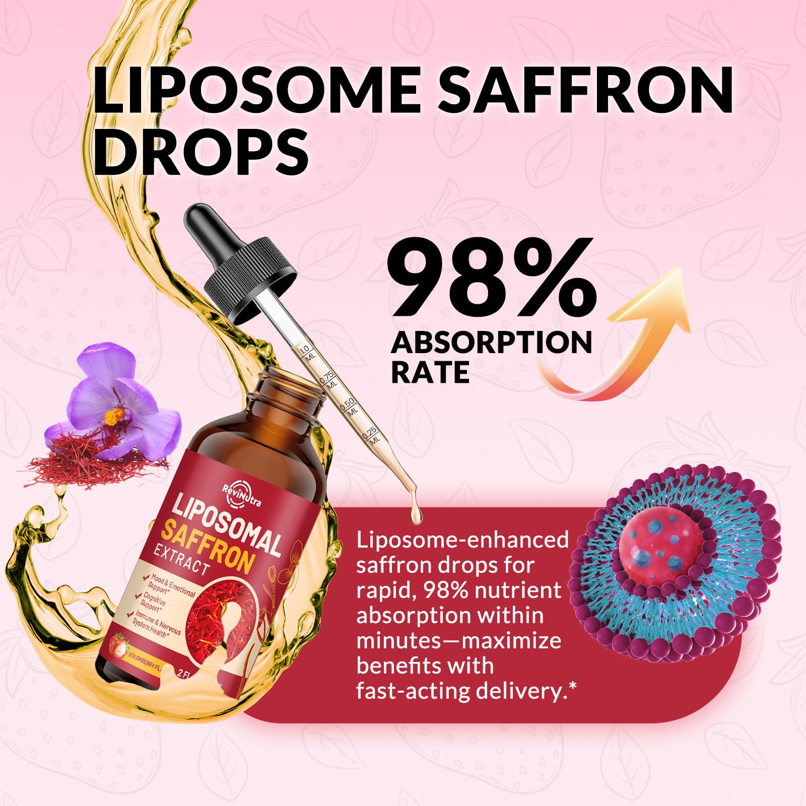 Saffron Supplements - 88.5mg Saffron Extract Liposomal Liquid Drops with Magnesium, Zinc, Ashwagandha, L-Theanine, Vitamin B6, D3 for Antioxidant Mood Energy Vision & Focus, Strawberry Flavor 2 Fl Oz ReviNutra Au supplements
