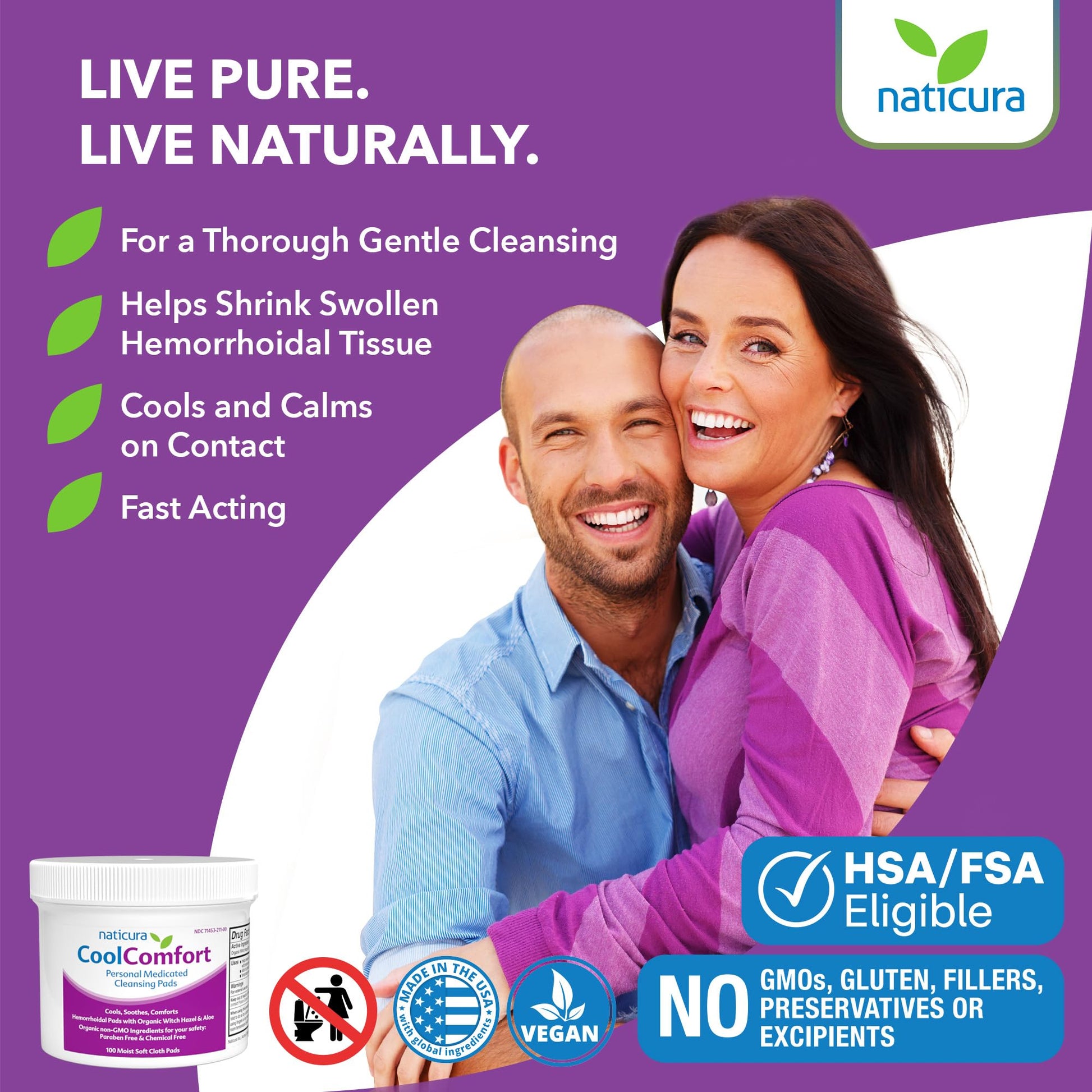 CoolComfort Personal Cleansing Pads with Organic Witch Hazel and Aloe Vera - All Natural and Fast Acting Wipes for Hemorrhoid Burning, Itching, Pain and Swelling - 100 Pads - No Parabens - Made in USA Naticura Au supplements