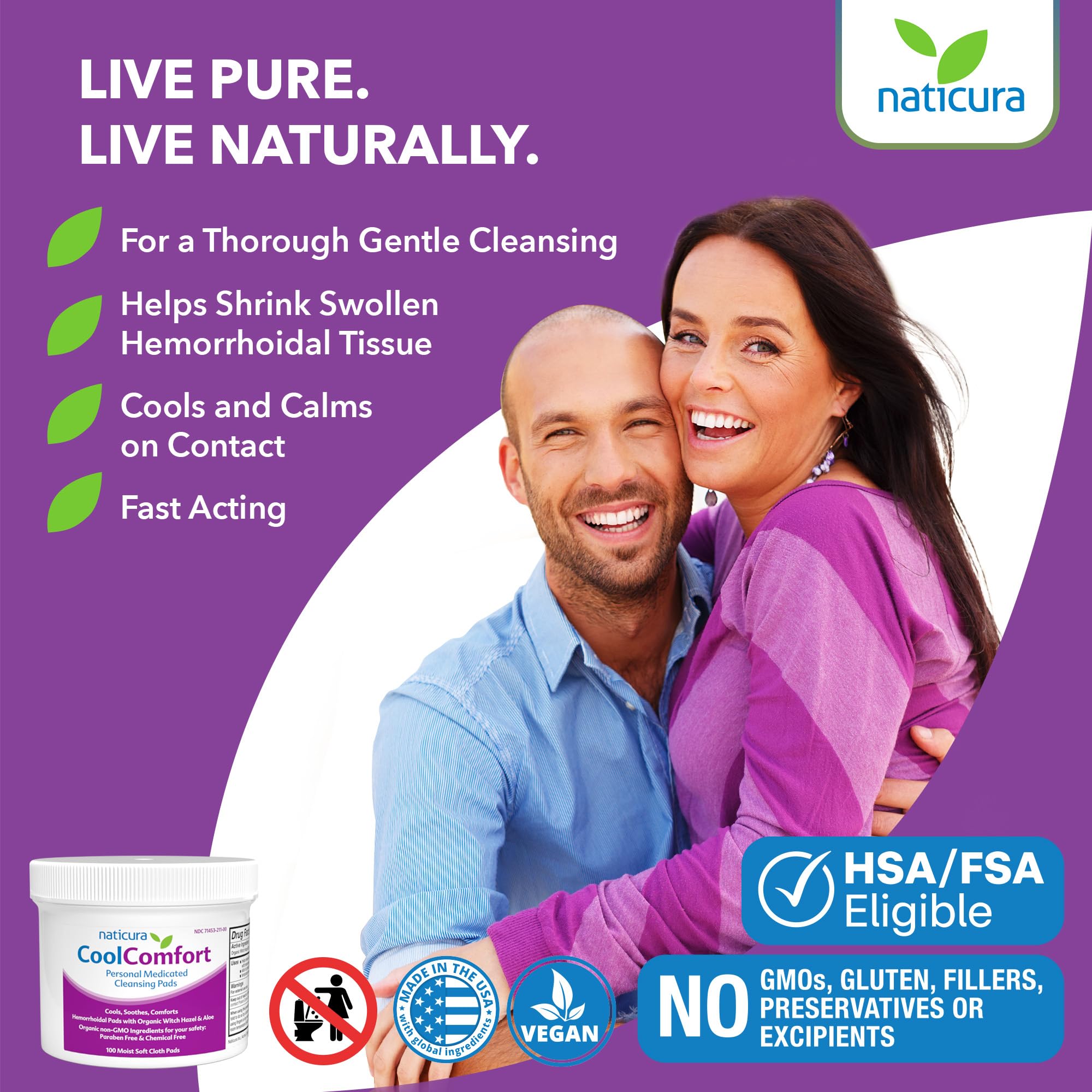 CoolComfort Personal Cleansing Pads with Organic Witch Hazel and Aloe Vera - All Natural and Fast Acting Wipes for Hemorrhoid Burning, Itching, Pain and Swelling - 100 Pads - No Parabens - Made in USA Naticura Au supplements