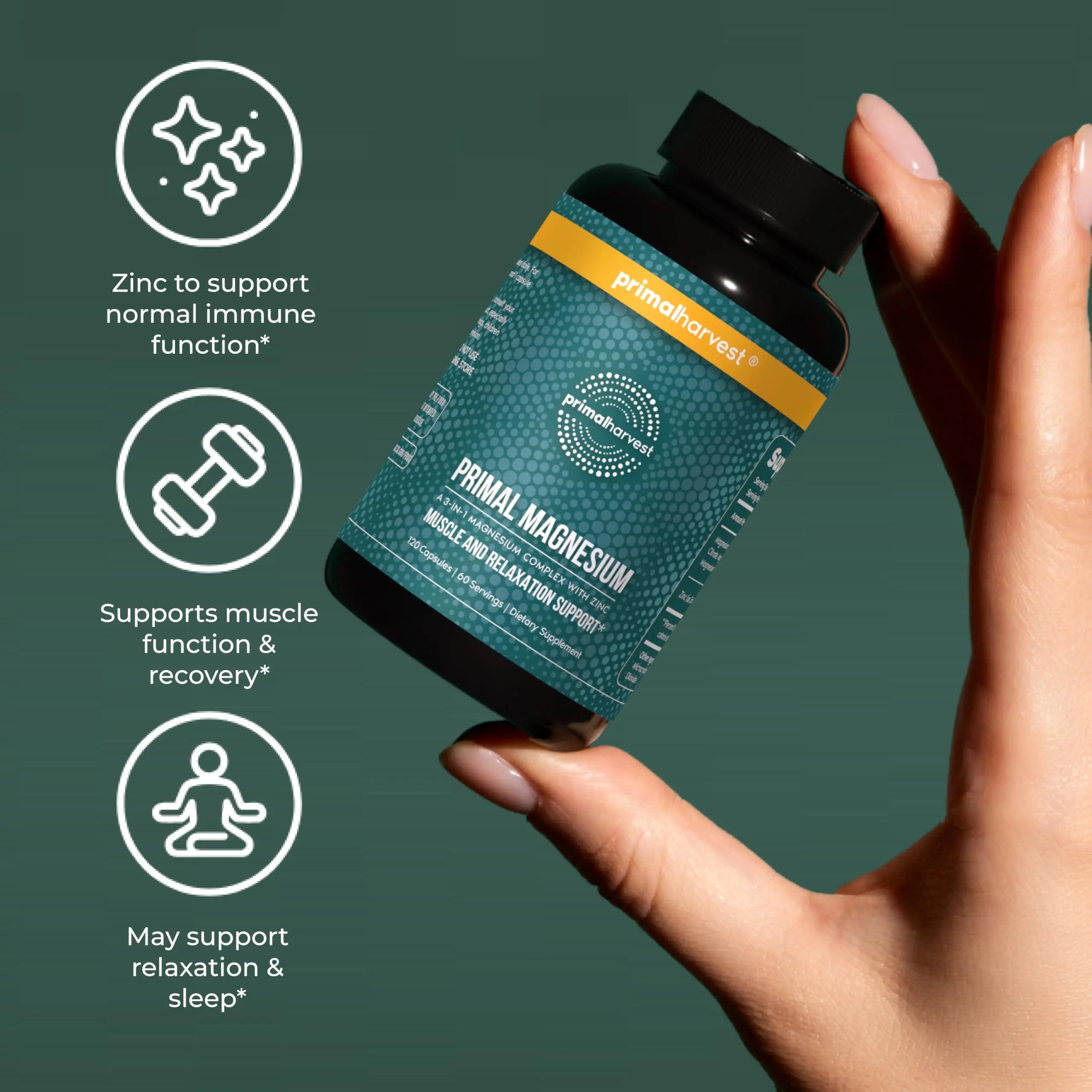 Magnesium Supplement Complex 310mg by Primal Harvest with Magnesium Glycinate, Citrate, Malate, and Zinc 120 Capsules Primal Harvest Au supplements