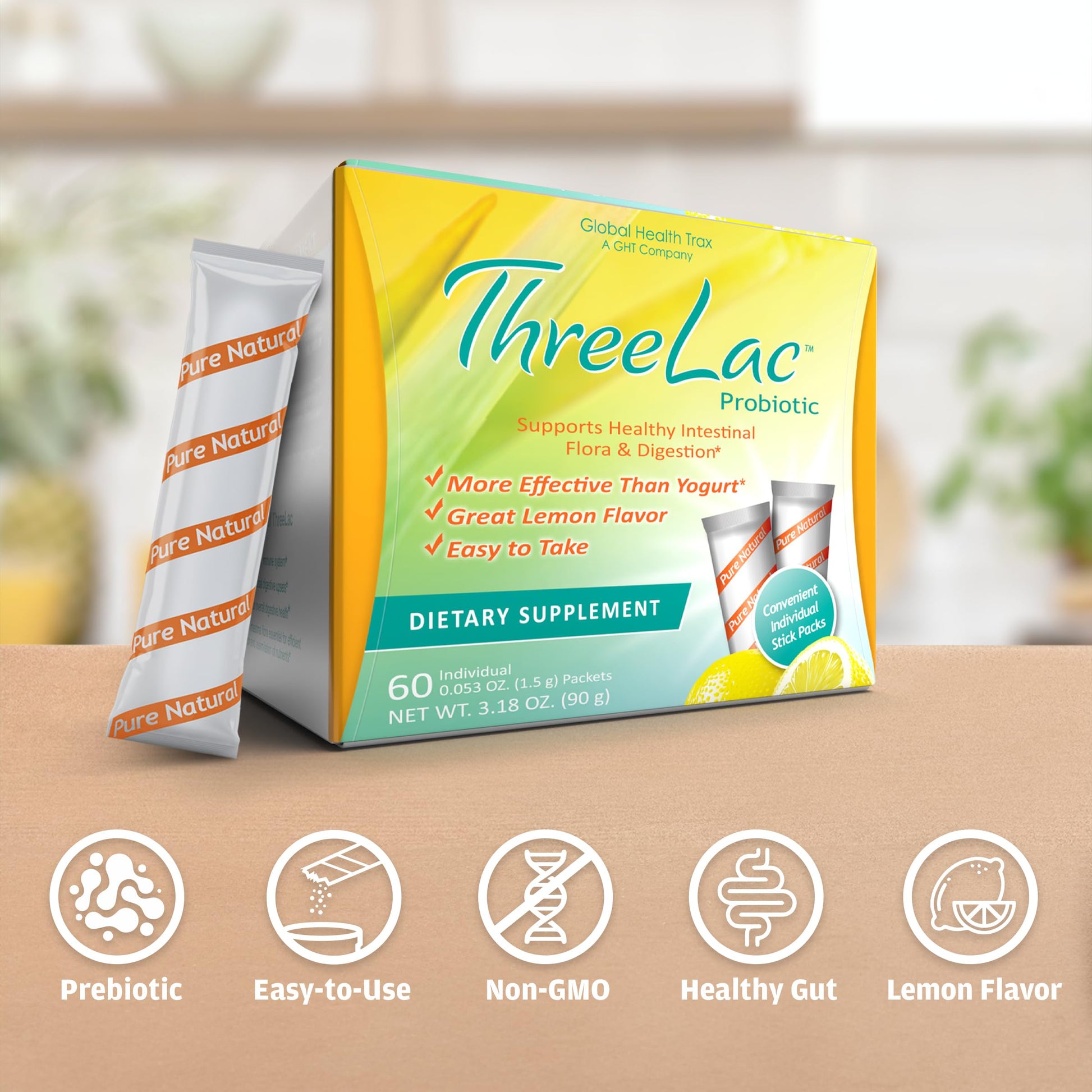 Global Health Trax ThreeLac Lemon Probiotic Drink Mix for Digestive Health - Advanced Probiotic Powder Formula for Men, Women, and Kids - Immune Support & Gut Balance, Non-GMO - 120 Packets ght Global Health Trax Au supplements